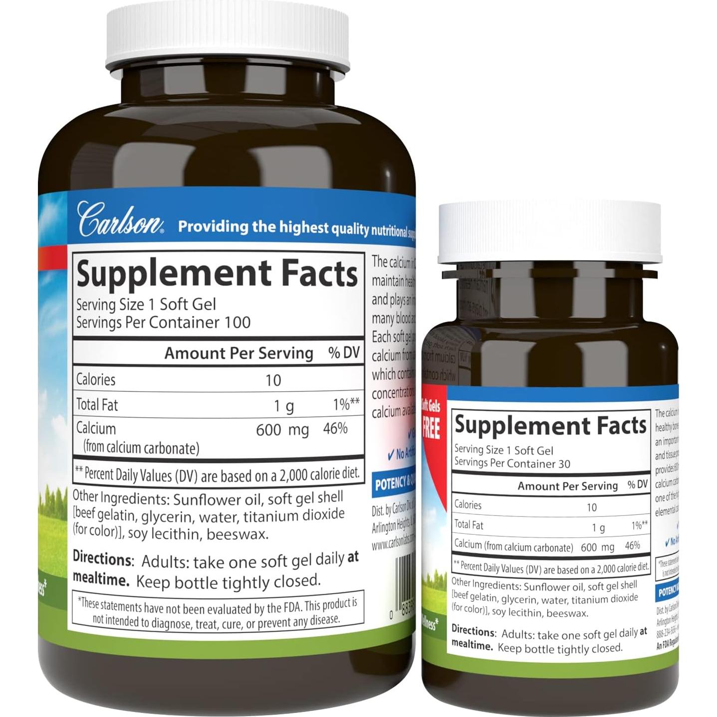 Carlson Cal-600 600 mg Calcio Gelatinas Blandas 100+30