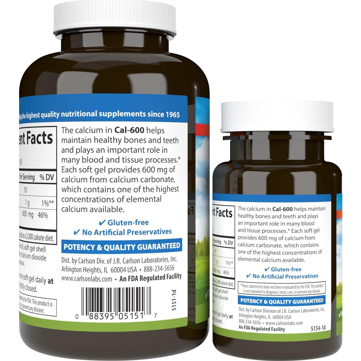 Carlson Cal-600 600 mg Calcio Gelatinas Blandas 100+30