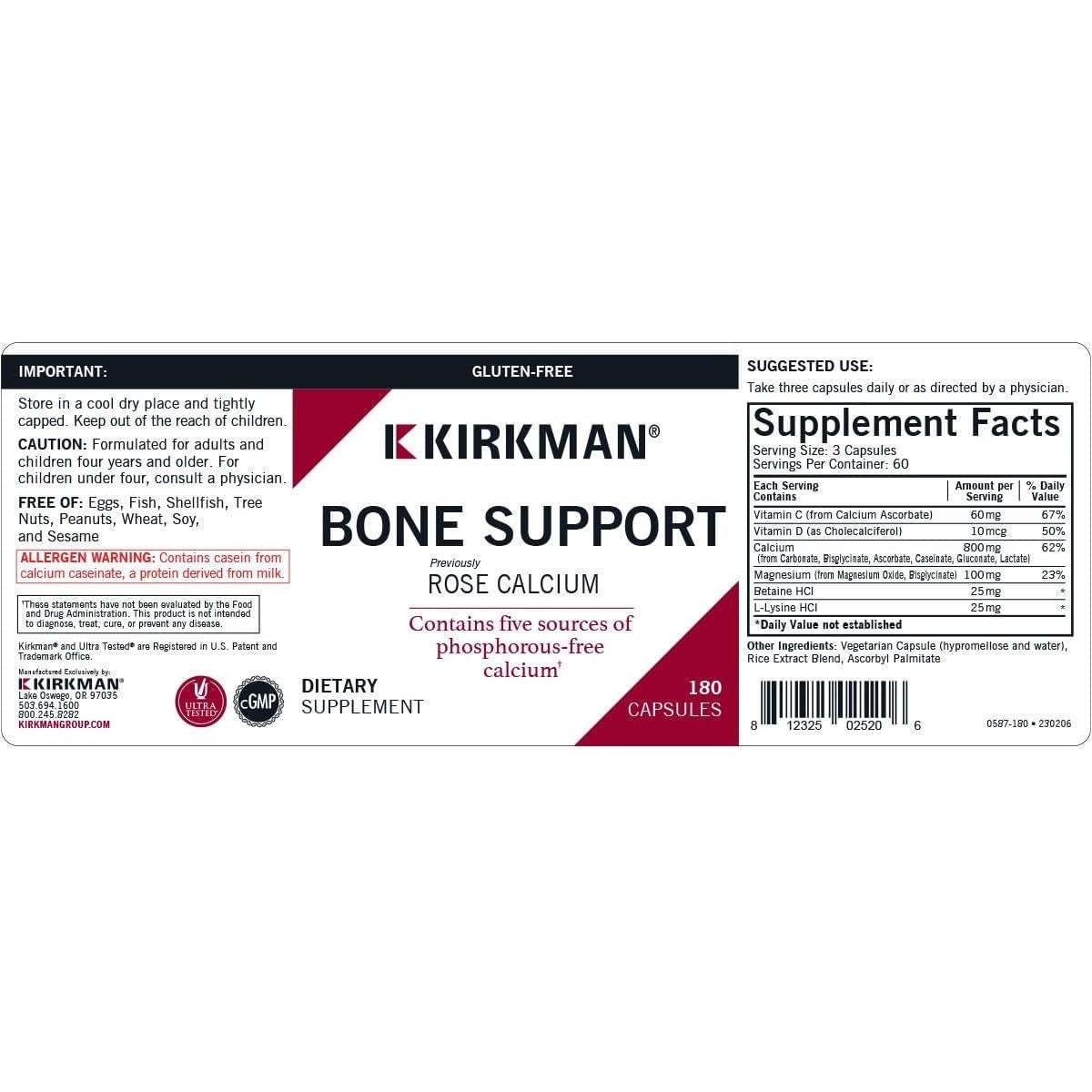 Suplemento de Calcio Kirkman Bone Support 180 Cápsulas Vegetarianas