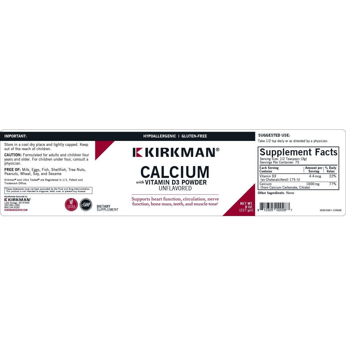 Suplemento de Calcio en Polvo Kirkman 226.8 g con Vitamina D3