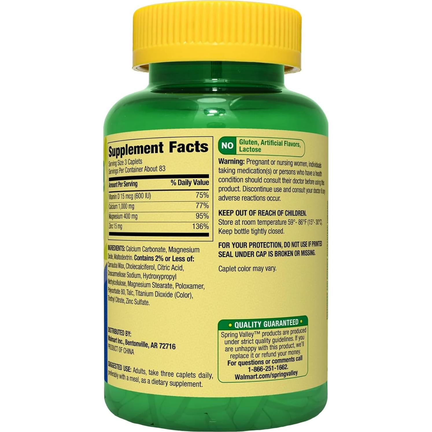 Suplemento Calcio Magnesio Zinc D3 Spring Valley 250 Comprimidos