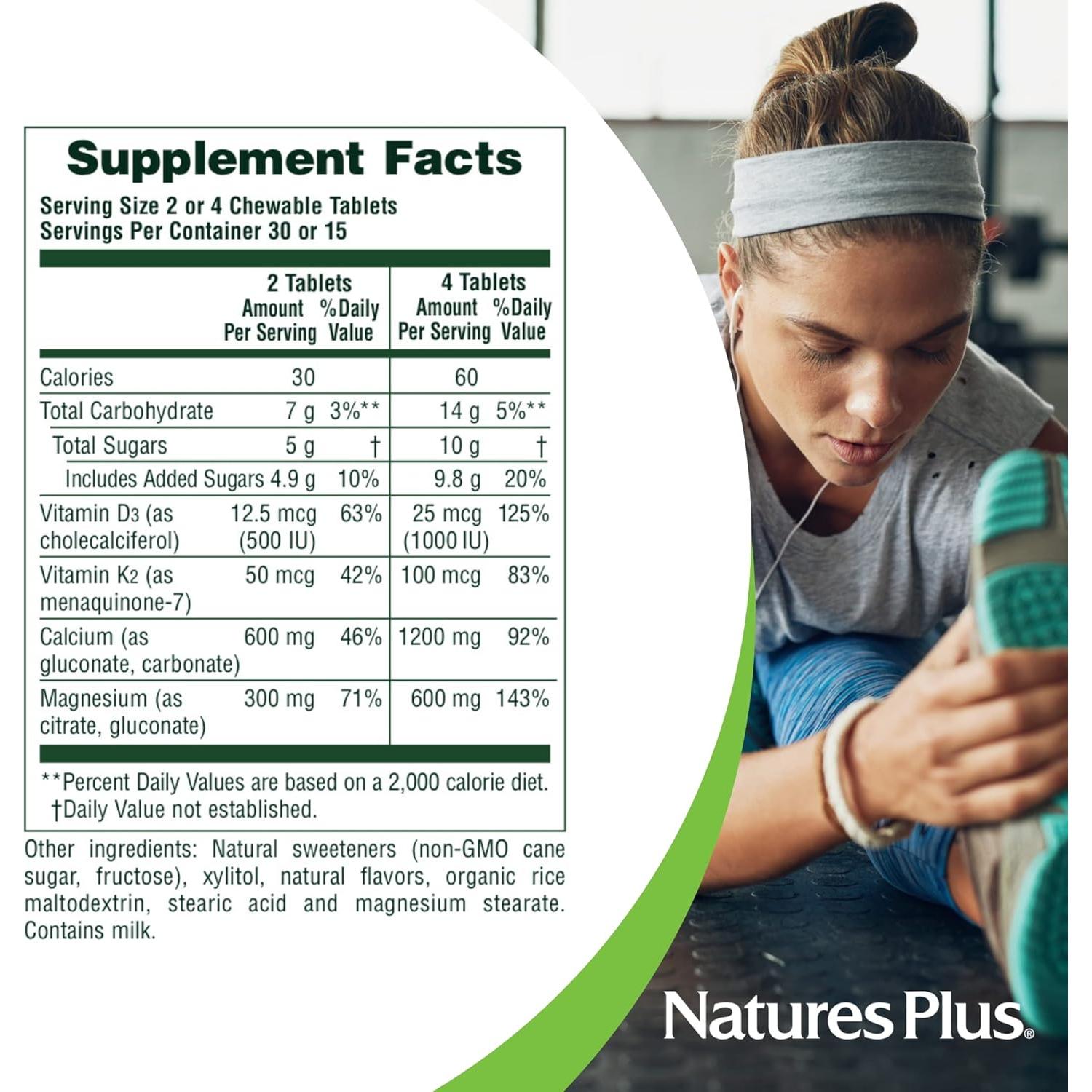 Tabletas Masticables Natures Plus Calcio Magnesio Vit D3 K2 60u