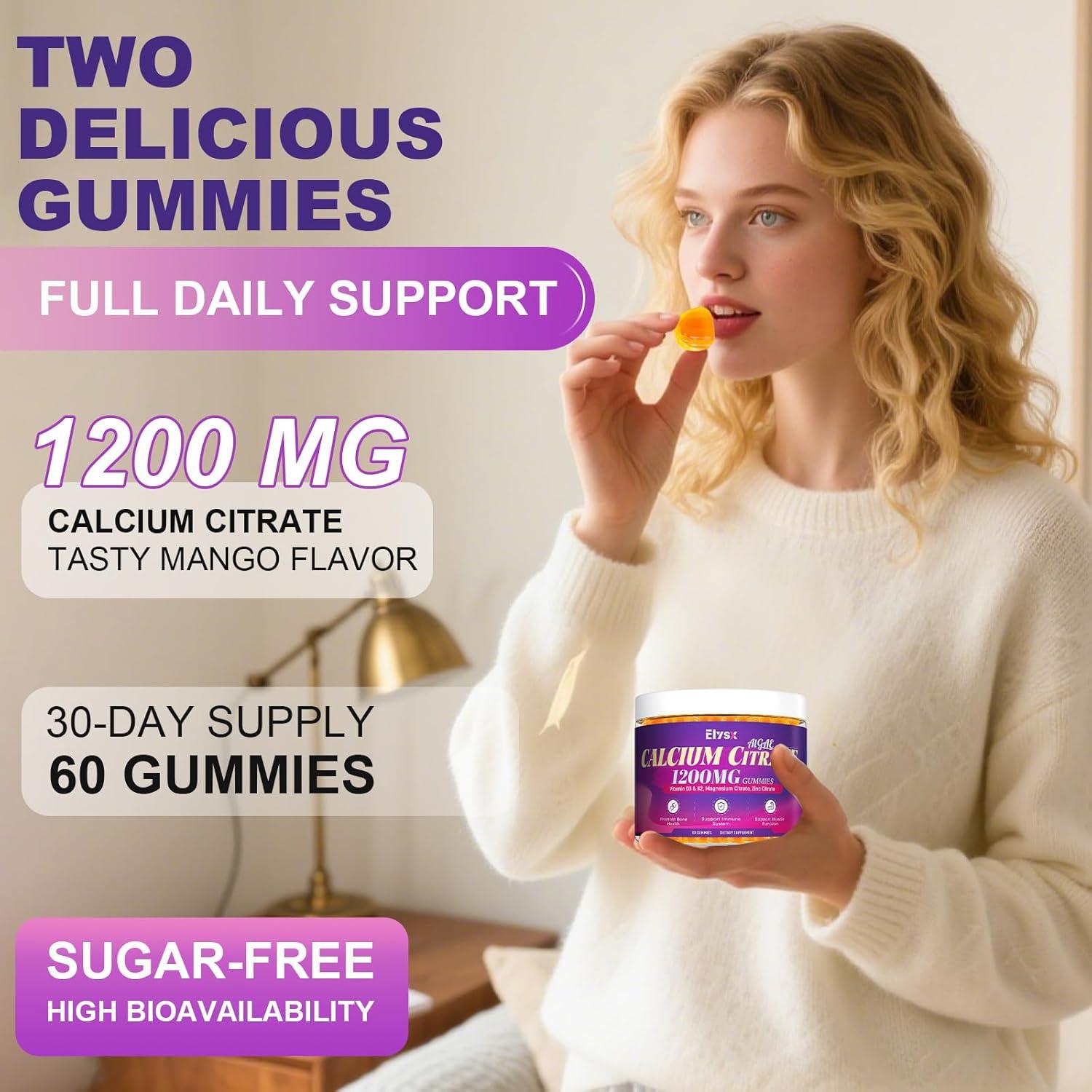 Citrato de Calcio 1200mg Elysx con Vitamina D3 y K2, 60 Gomas