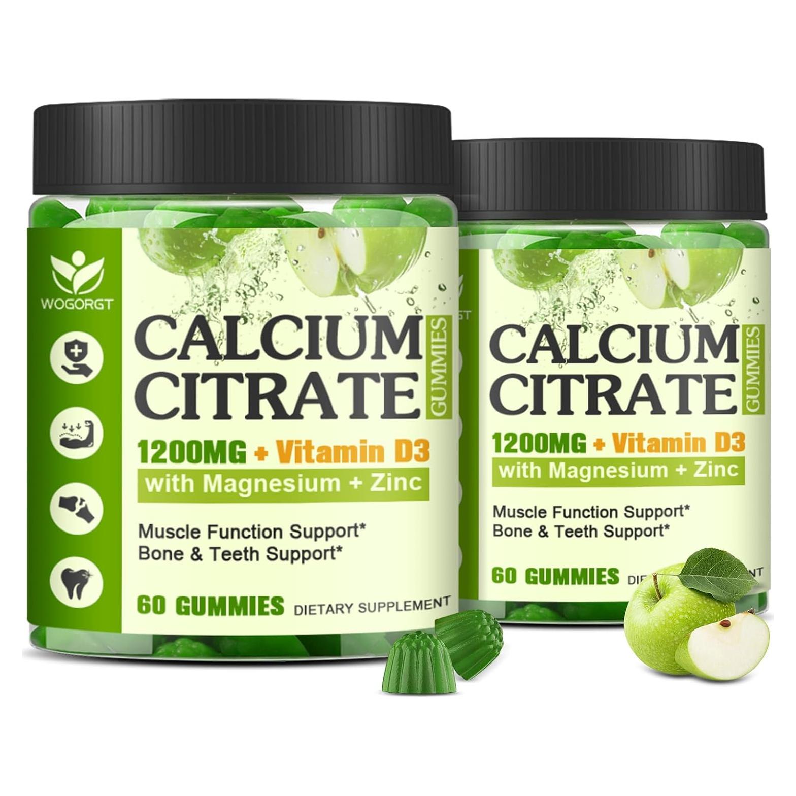Suplemento Masticable de Citrato de Calcio WOGORGT 1200mg - 60 Gomas Veganas Sabor Manzana