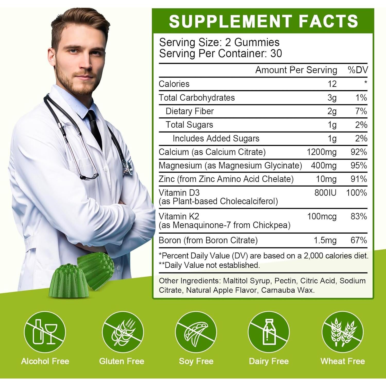 Suplemento Masticable de Citrato de Calcio WOGORGT 1200mg - 60 Gomas Veganas Sabor Manzana