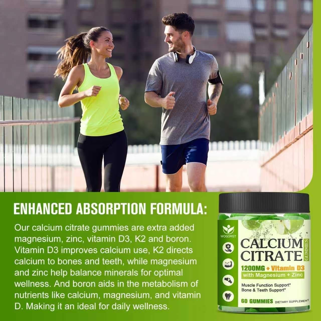 Suplemento Masticable de Citrato de Calcio WOGORGT 1200mg - 60 Gomas Veganas Sabor Manzana