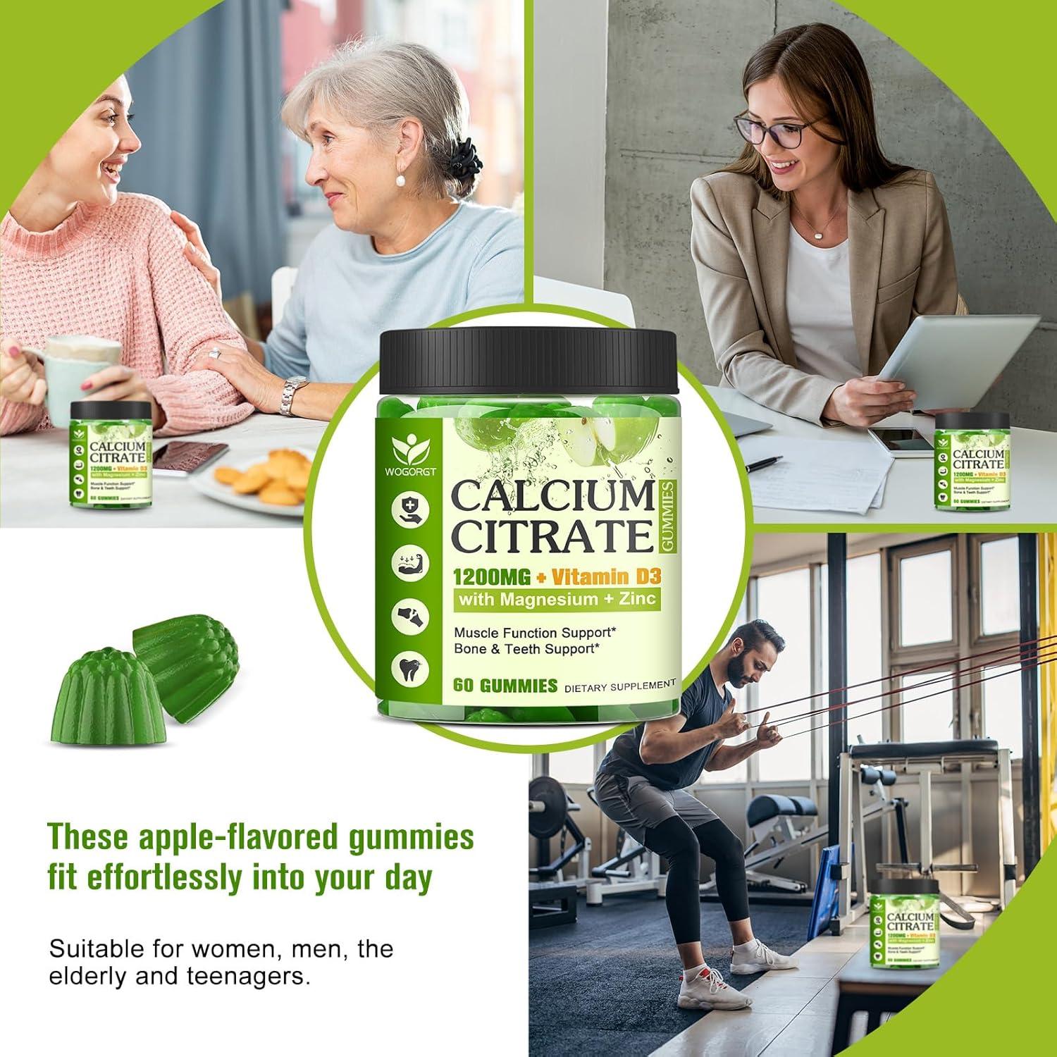 Suplemento Masticable de Citrato de Calcio WOGORGT 1200mg - 60 Gomas Veganas Sabor Manzana