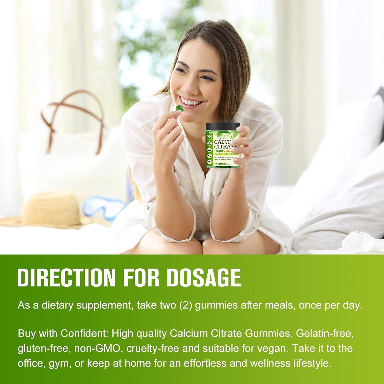 Suplemento Masticable de Citrato de Calcio WOGORGT 1200mg - 60 Gomas Veganas Sabor Manzana