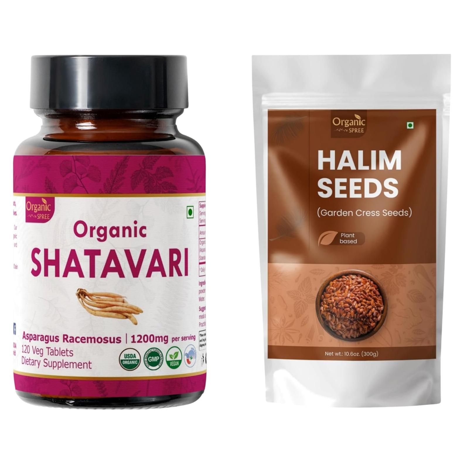 Tabletas de Shatavari Organic Spree 120 Tabletas + 300g Semillas Halim