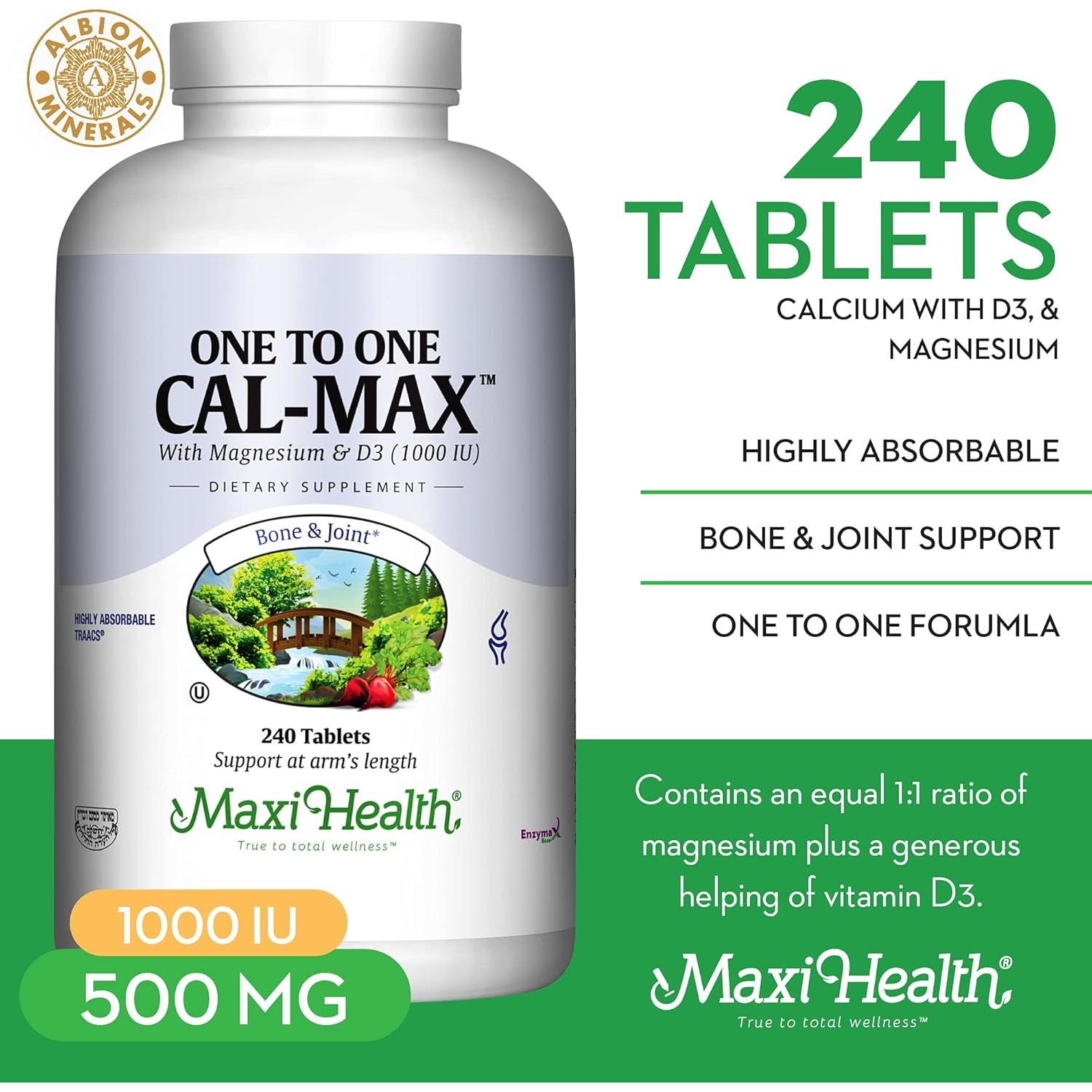 Suplemento de Calcio Maxi Health 500 mg + D3 1000 UI + Mg 500 mg - 240 Tabletas