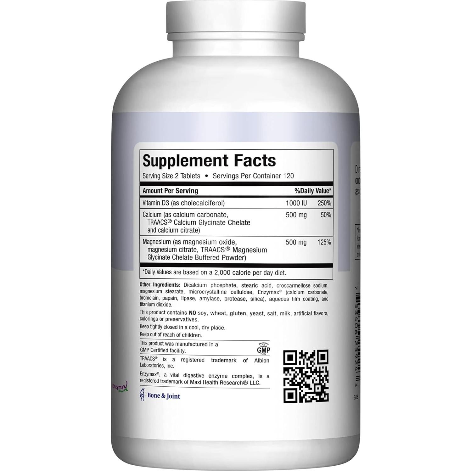 Suplemento de Calcio Maxi Health 500 mg + D3 1000 UI + Mg 500 mg - 240 Tabletas