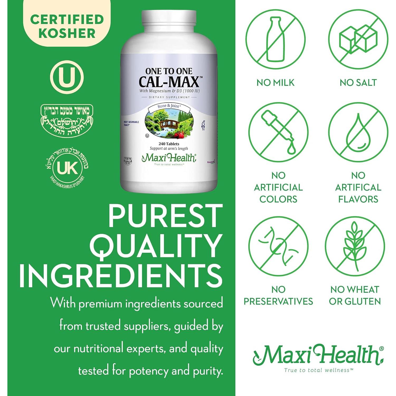 Suplemento de Calcio Maxi Health 500 mg + D3 1000 UI + Mg 500 mg - 240 Tabletas