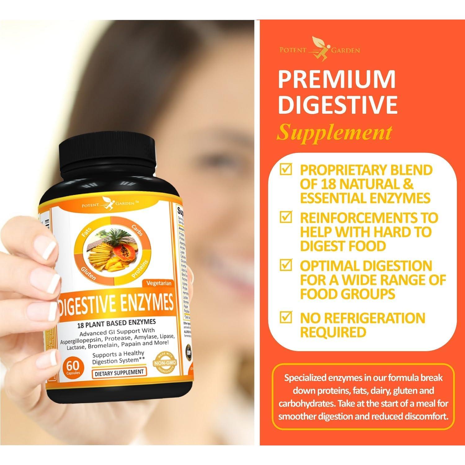 Enzimas Digestivas Potent Garden - 60 Cápsulas de 18 Enzimas Naturales