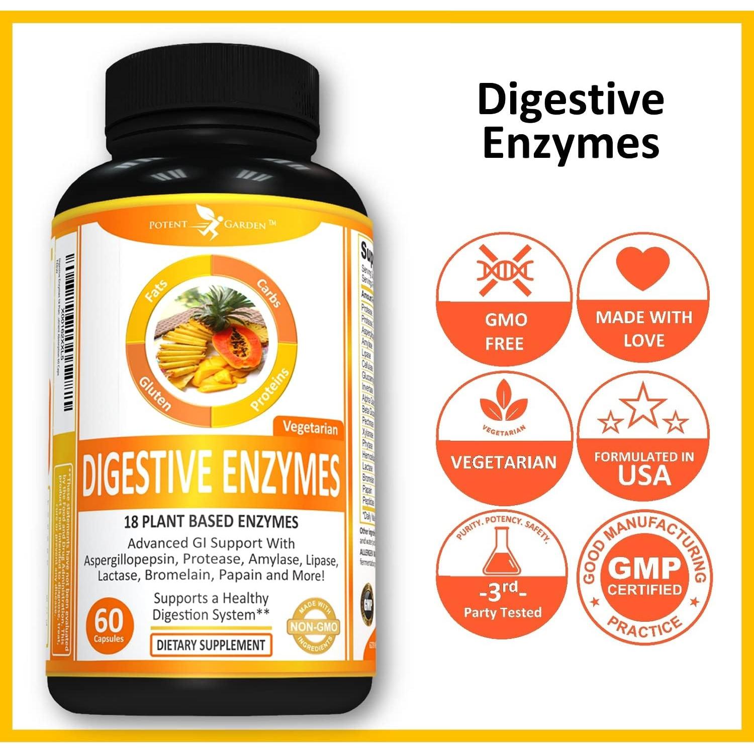 Enzimas Digestivas Potent Garden - 60 Cápsulas de 18 Enzimas Naturales