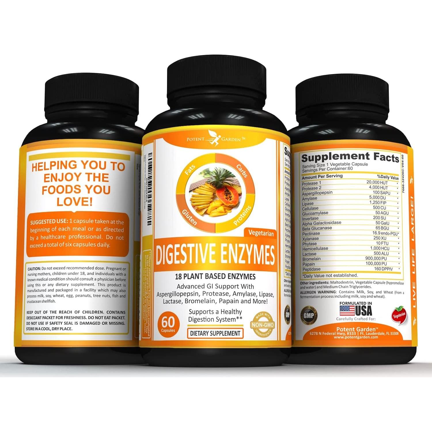 Enzimas Digestivas Potent Garden - 60 Cápsulas de 18 Enzimas Naturales