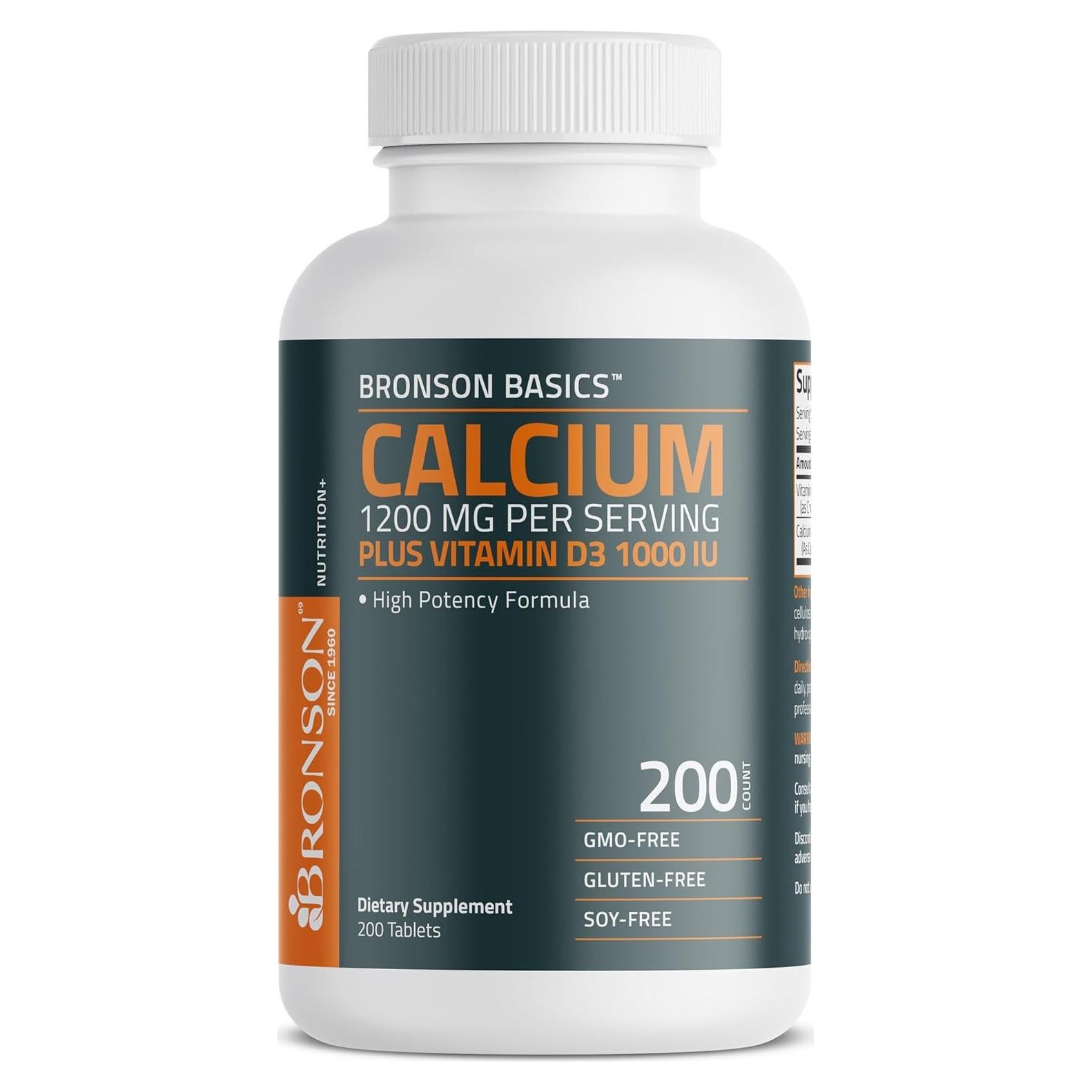 Suplemento de Calcio Bronson 1200mg + Vitamina D3 1000 UI - 200 Tabletas