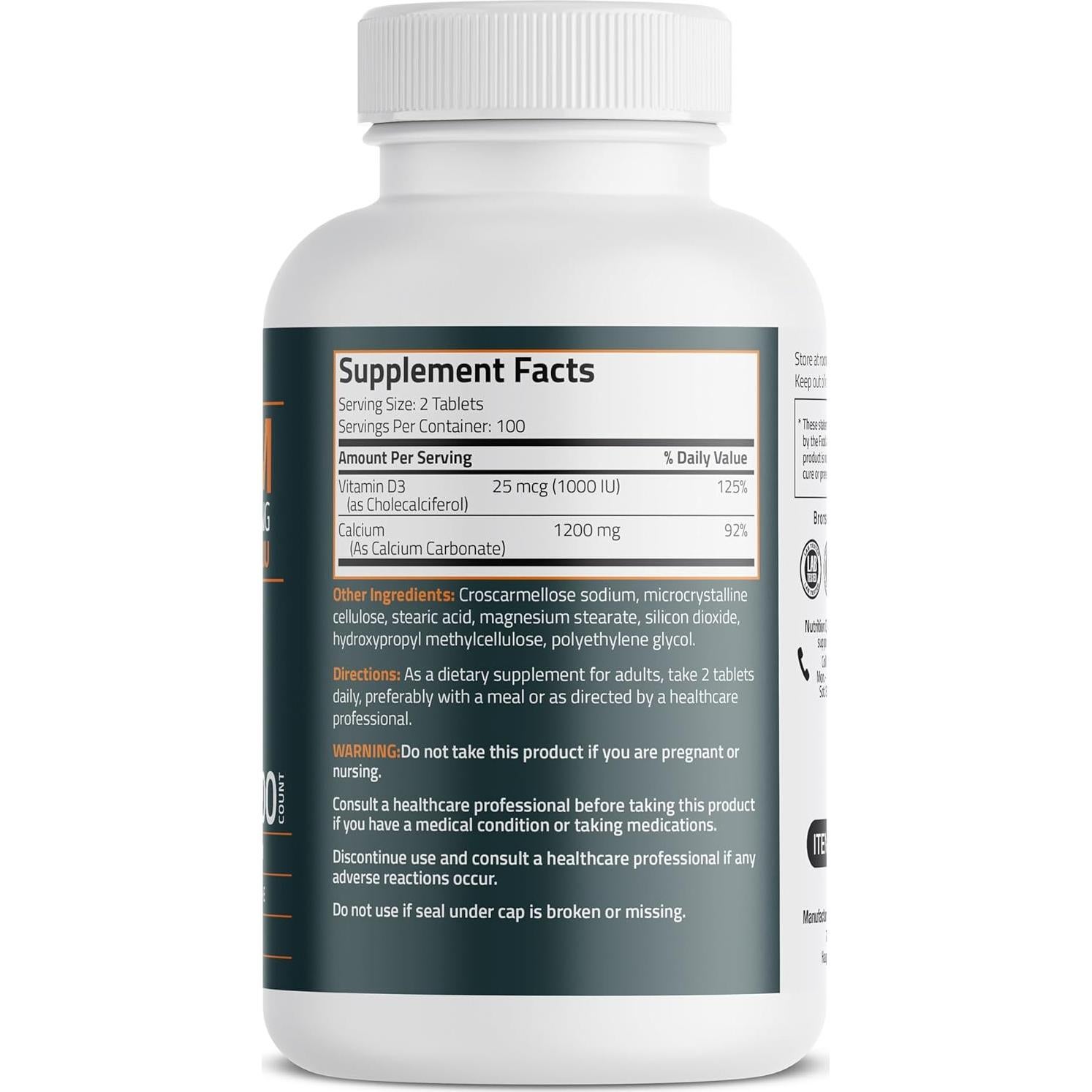 Suplemento de Calcio Bronson 1200mg + Vitamina D3 1000 UI - 200 Tabletas