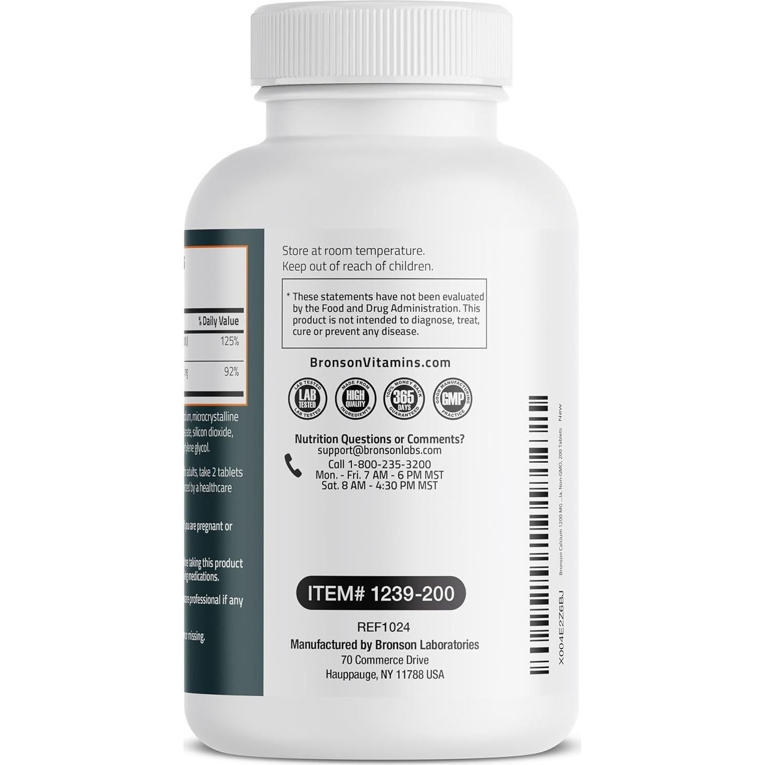 Suplemento de Calcio Bronson 1200mg + Vitamina D3 1000 UI - 200 Tabletas