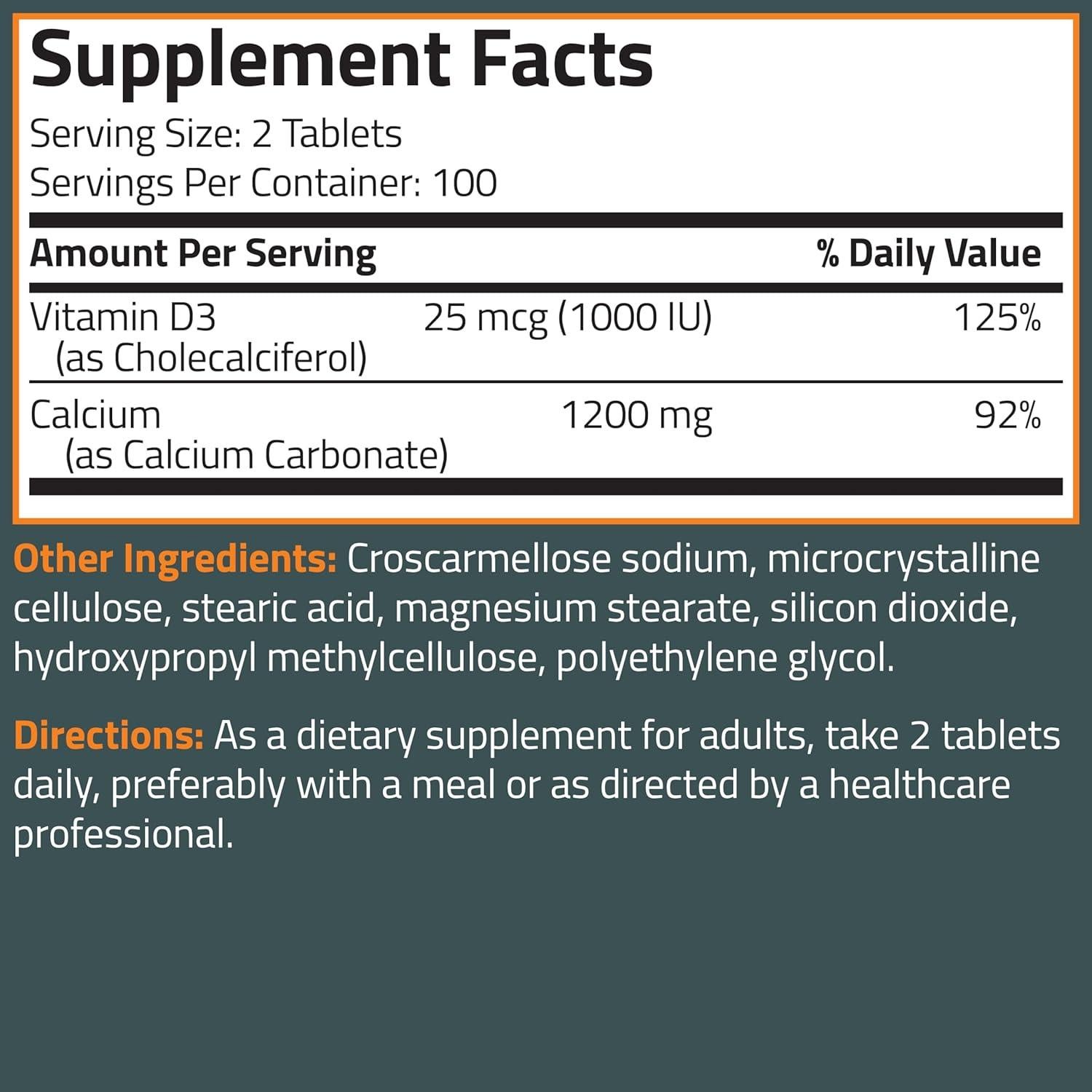 Suplemento de Calcio Bronson 1200mg + Vitamina D3 1000 UI - 200 Tabletas