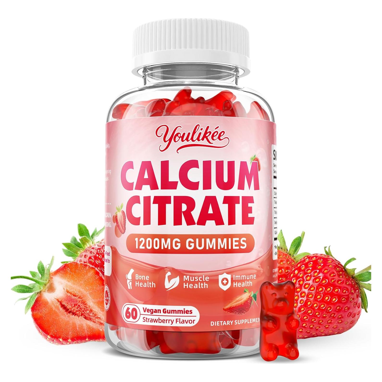 Gomitas de Citrato de Calcio 1200 mg Youlikee Sabor Fresa 60 Unidades