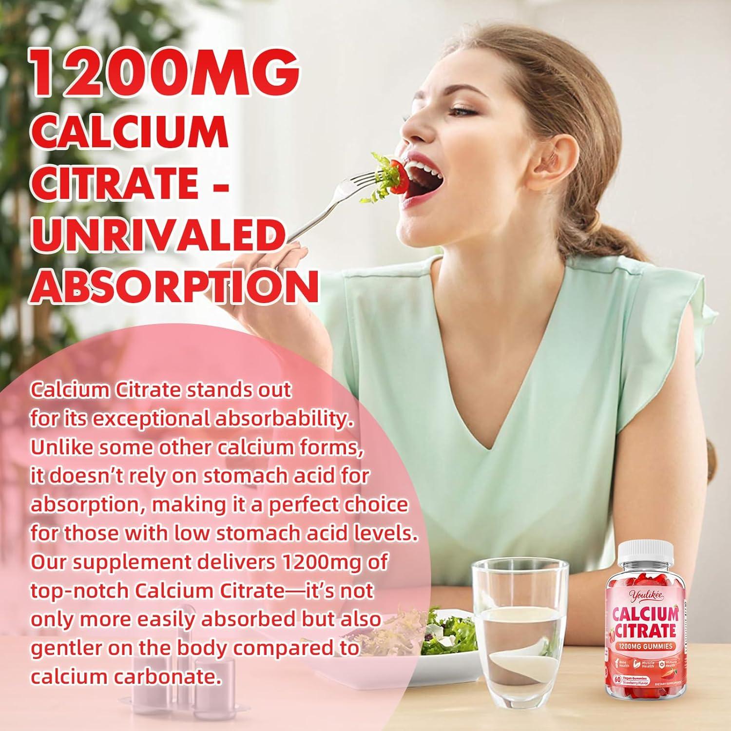 Gomitas de Citrato de Calcio 1200 mg Youlikee Sabor Fresa 60 Unidades