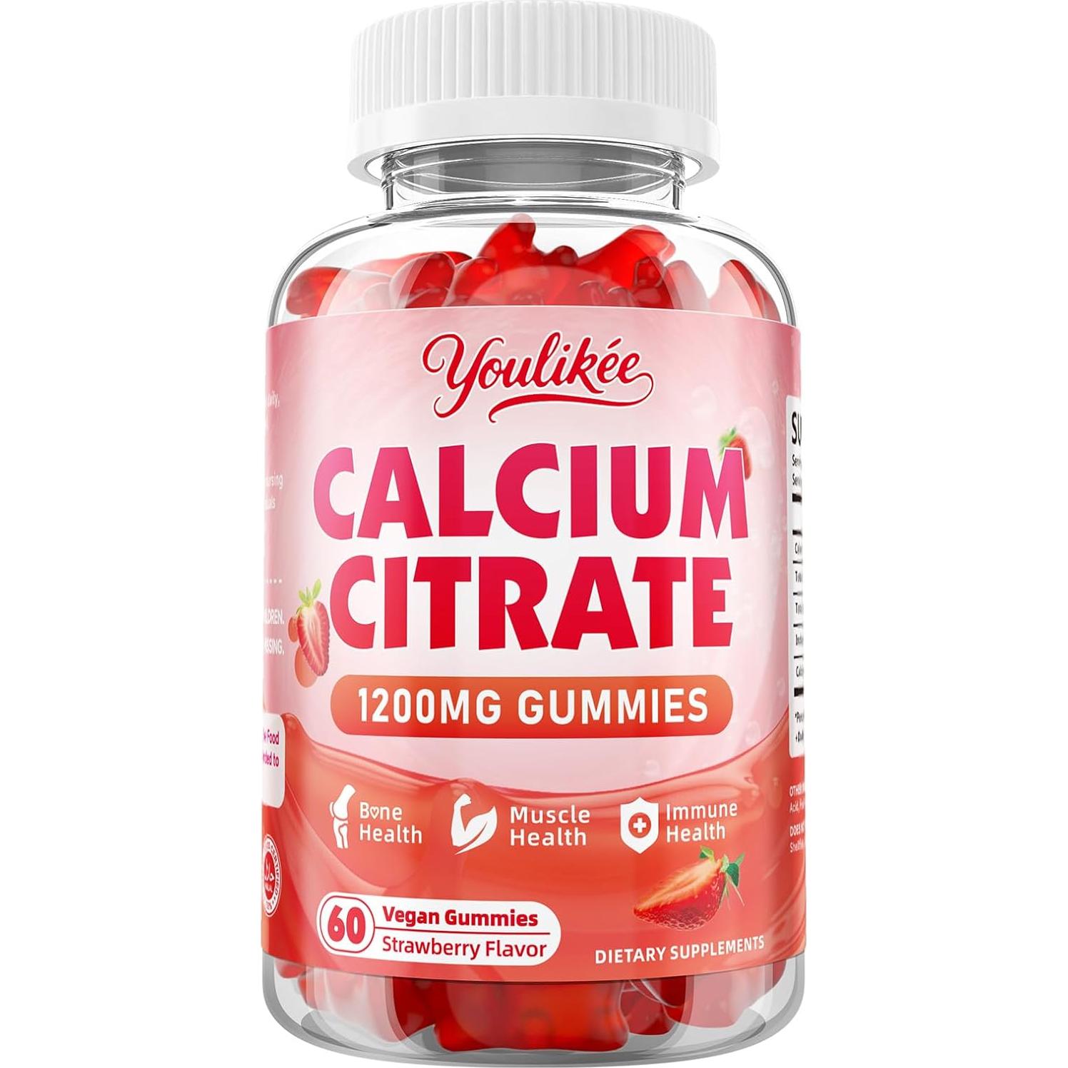 Gomitas de Citrato de Calcio 1200 mg Youlikee Sabor Fresa 60 Unidades