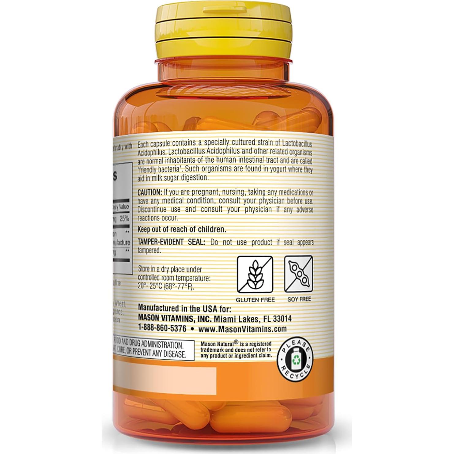 Cápsulas de Acidophilus Mason Natural 100 Unidades Digestivas