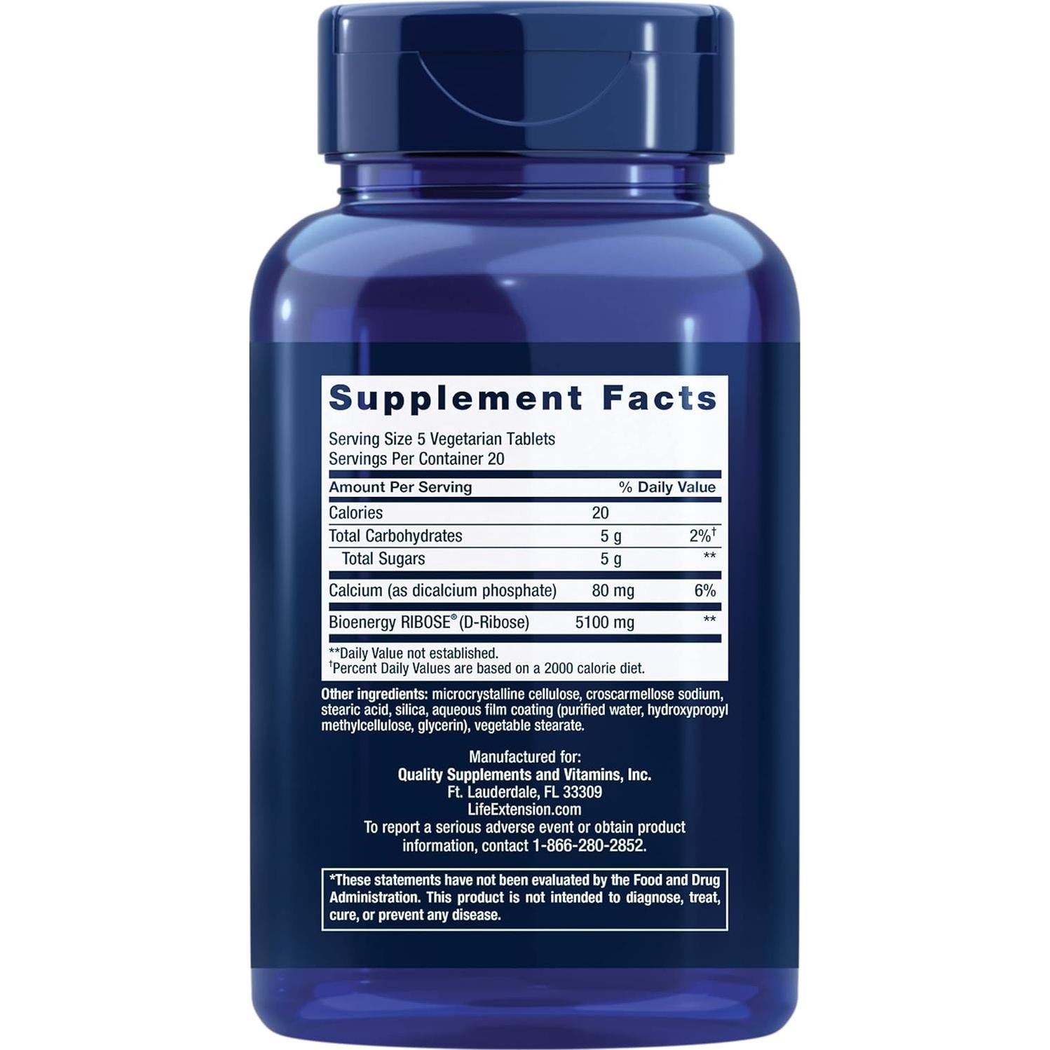 Tabletas de D-Ribosa Life Extension 100 Tabletas Veganas