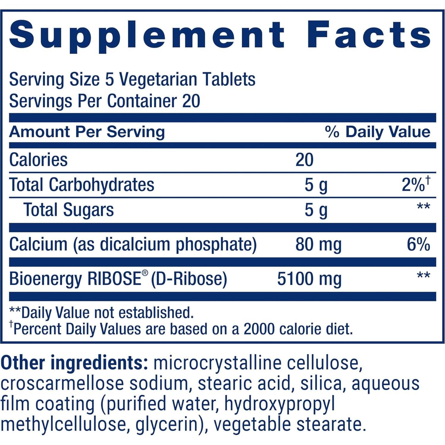 Tabletas de D-Ribosa Life Extension 100 Tabletas Veganas