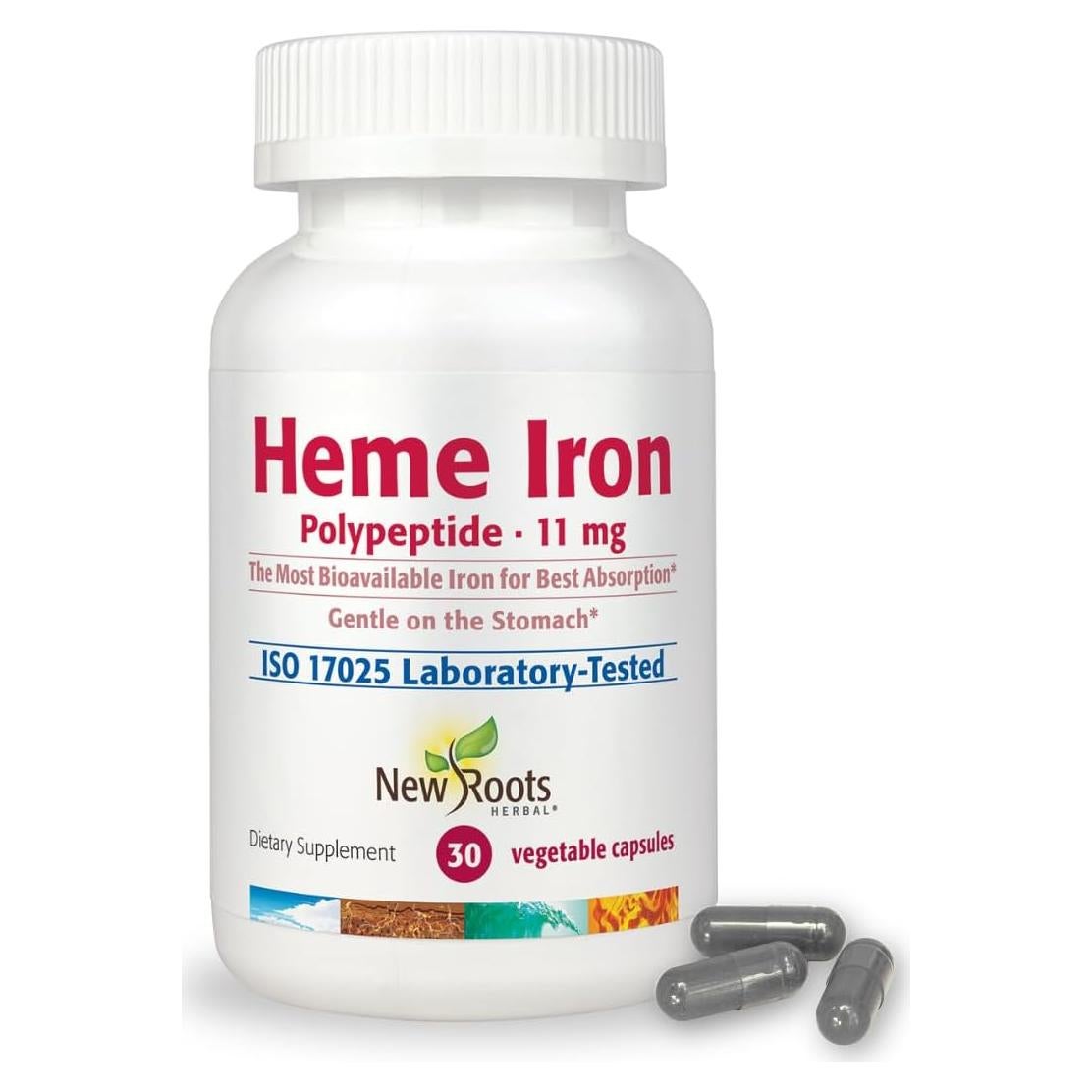 Suplemento de Hierro Heme New Roots con Vitamina C y B12 - 30 Cápsulas