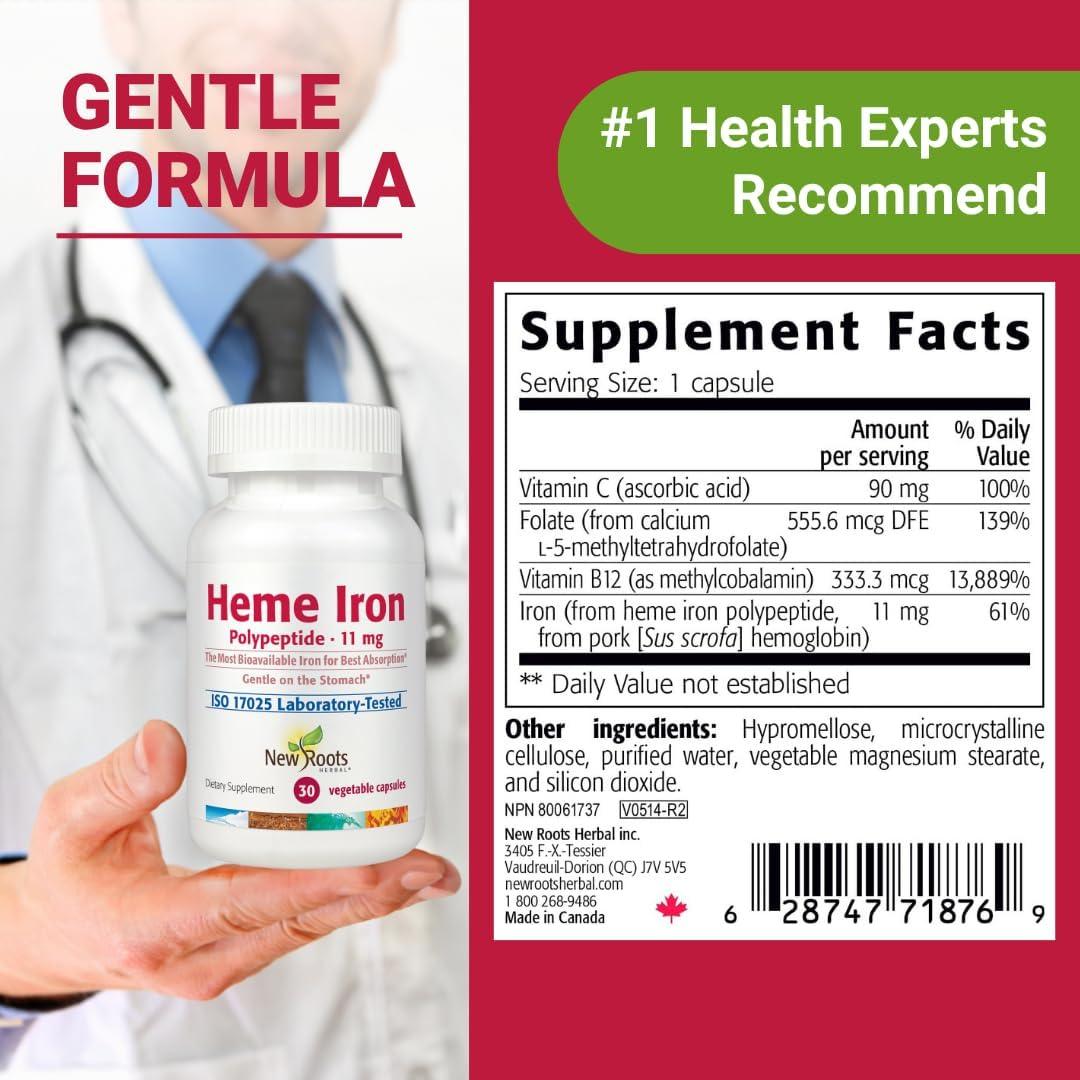 Suplemento de Hierro Heme New Roots con Vitamina C y B12 - 30 Cápsulas
