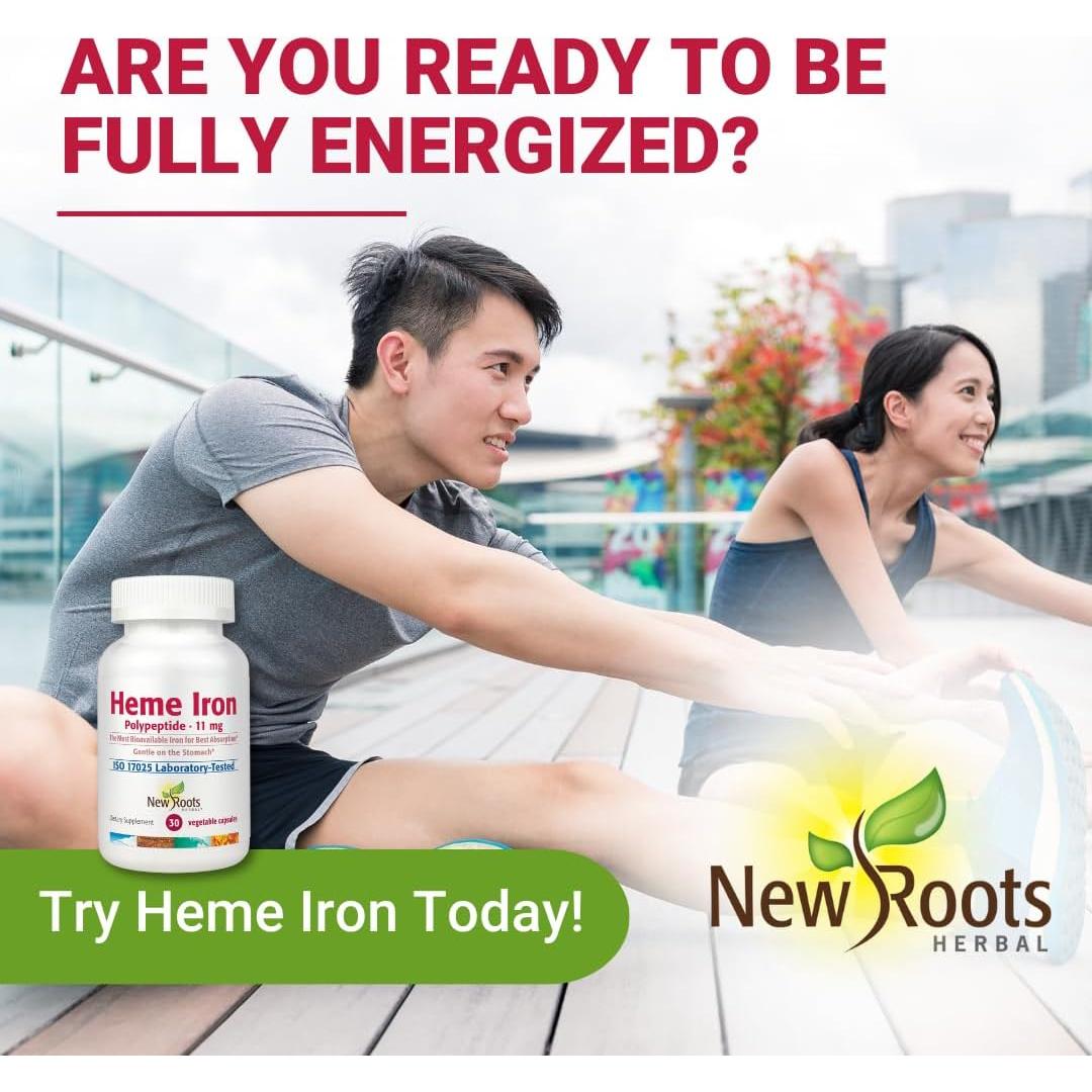 Suplemento de Hierro Heme New Roots con Vitamina C y B12 - 30 Cápsulas