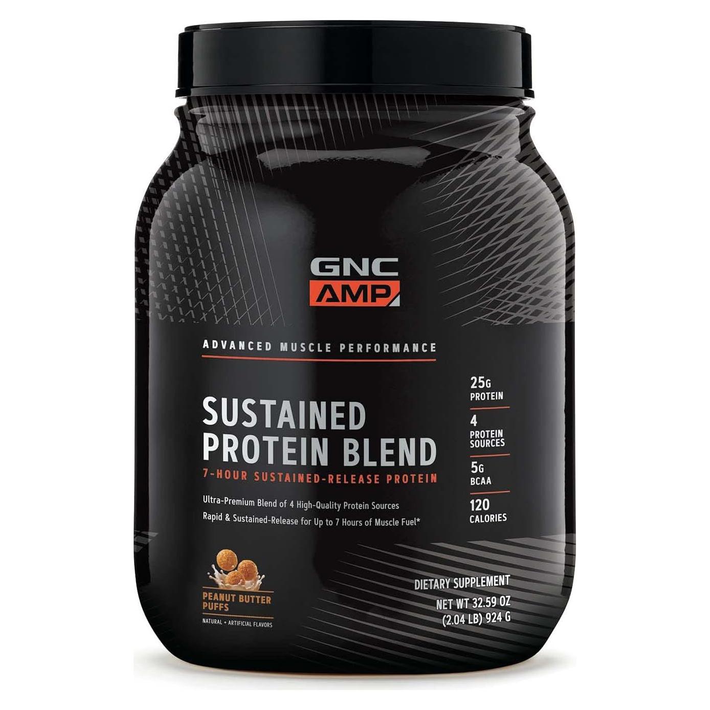 GNC AMP Proteína Sostenida Puff Mantequilla Maní 28 Porciones