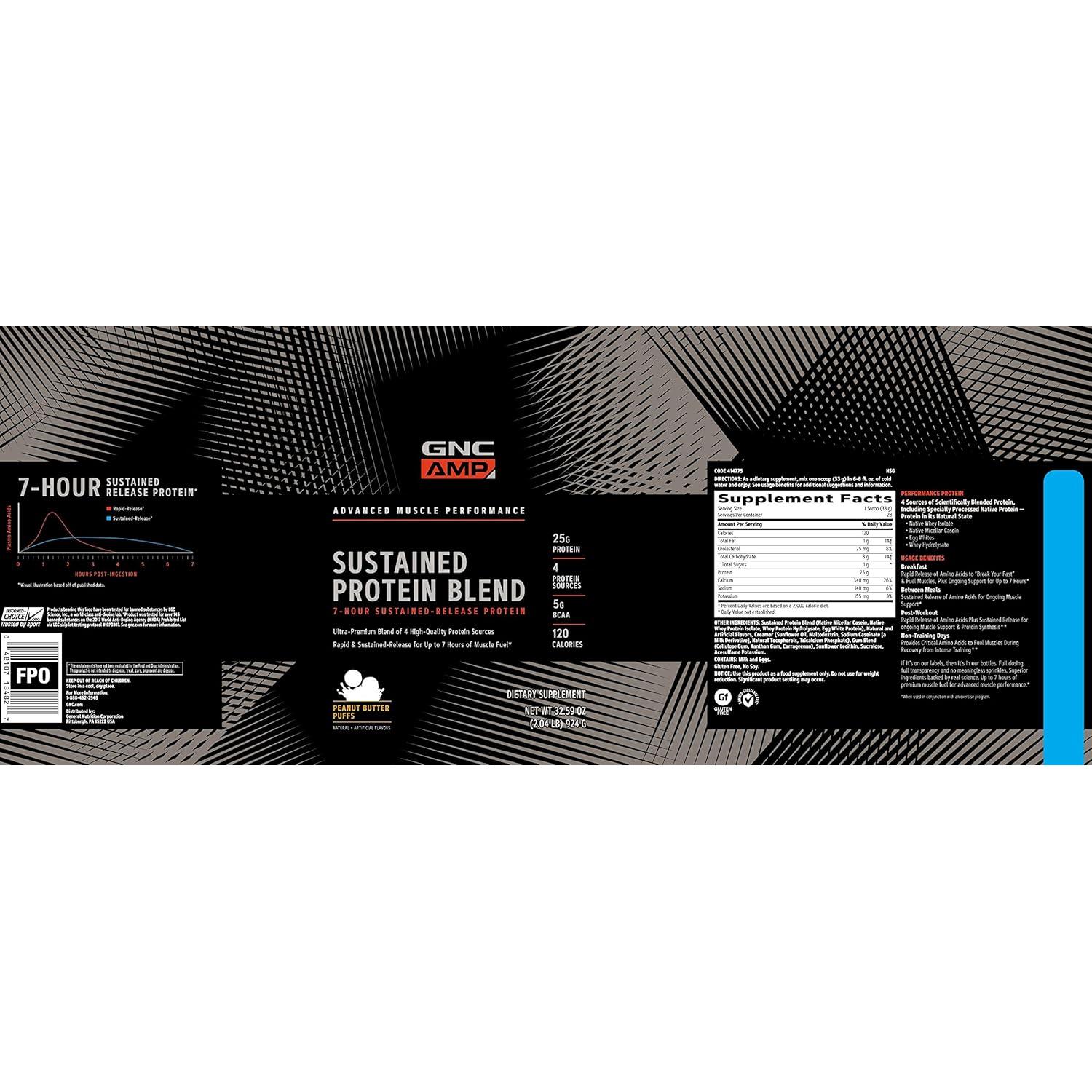 GNC AMP Proteína Sostenida Puff Mantequilla Maní 28 Porciones