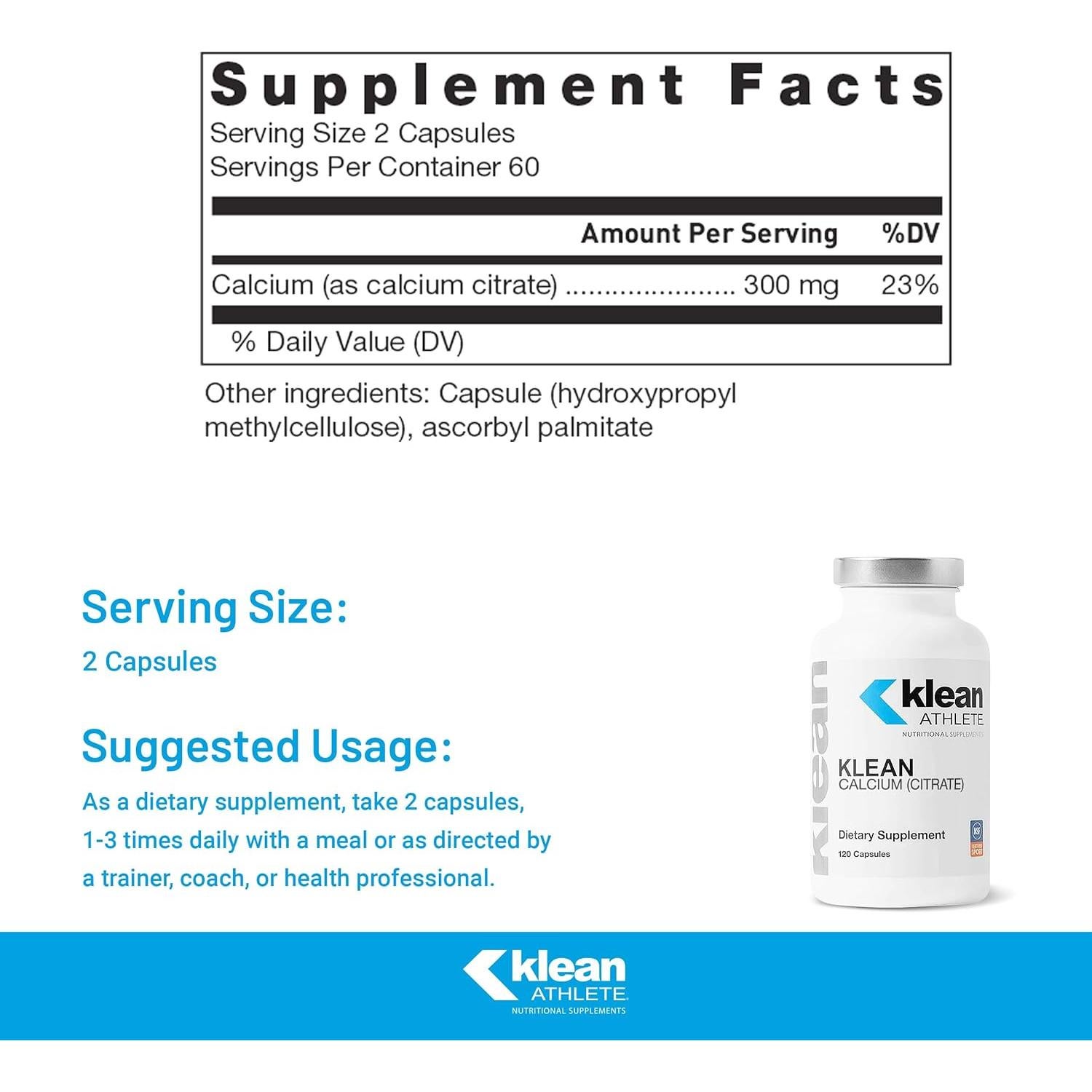 Citrato de Calcio Klean Athlete - 300 mg - 120 Cápsulas Veganas