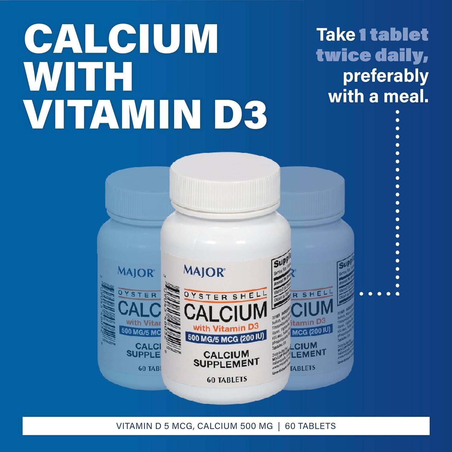 Suplemento de Calcio Mayor 500 mg con Vitamina D3 5 mcg - 60 Tabletas