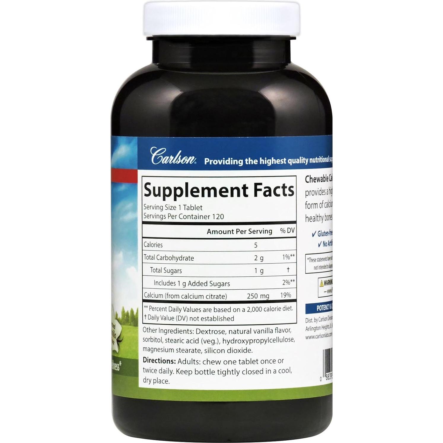 Citrato de Calcio Masticable Carlson 250 mg Vainilla 120 Tabletas