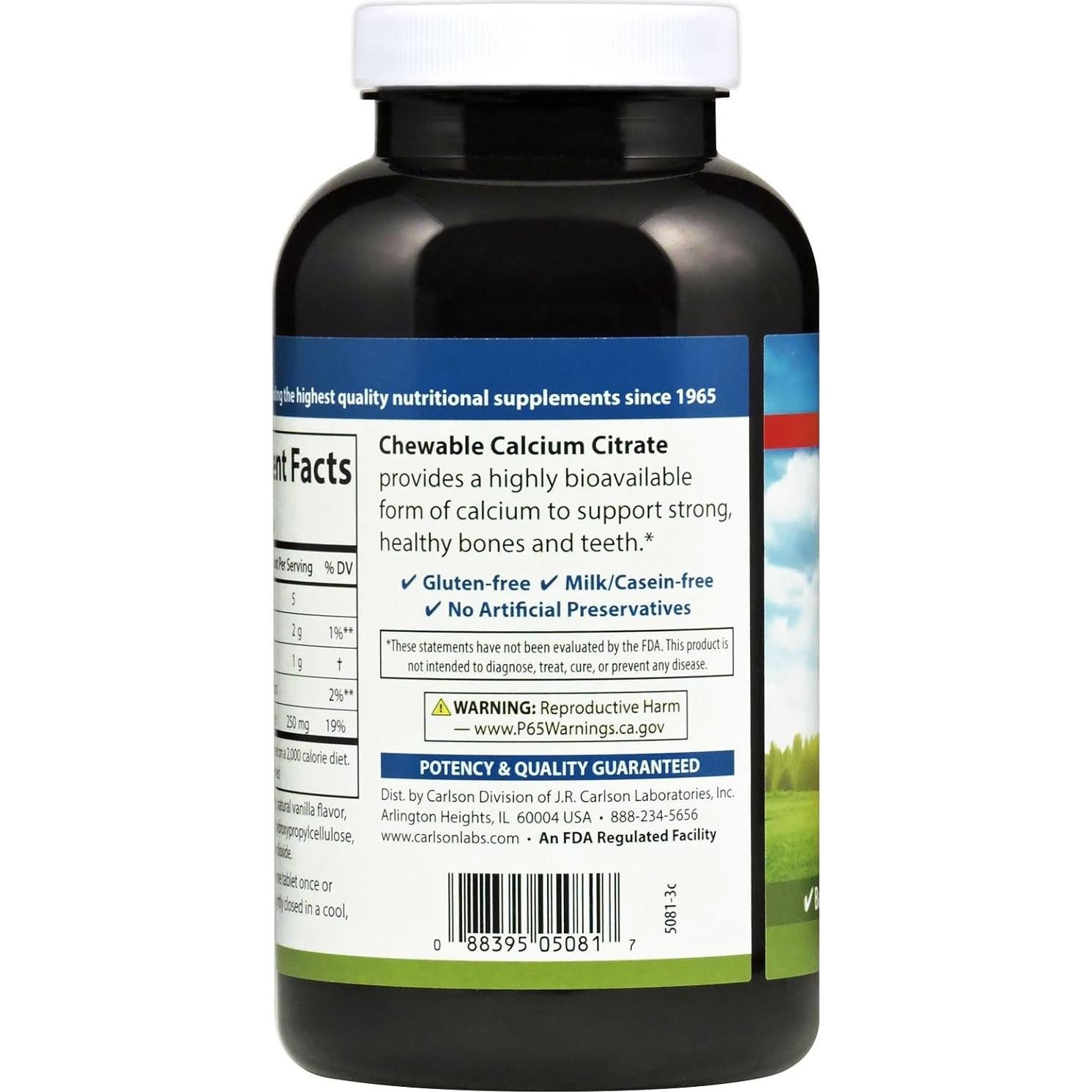 Citrato de Calcio Masticable Carlson 250 mg Vainilla 120 Tabletas