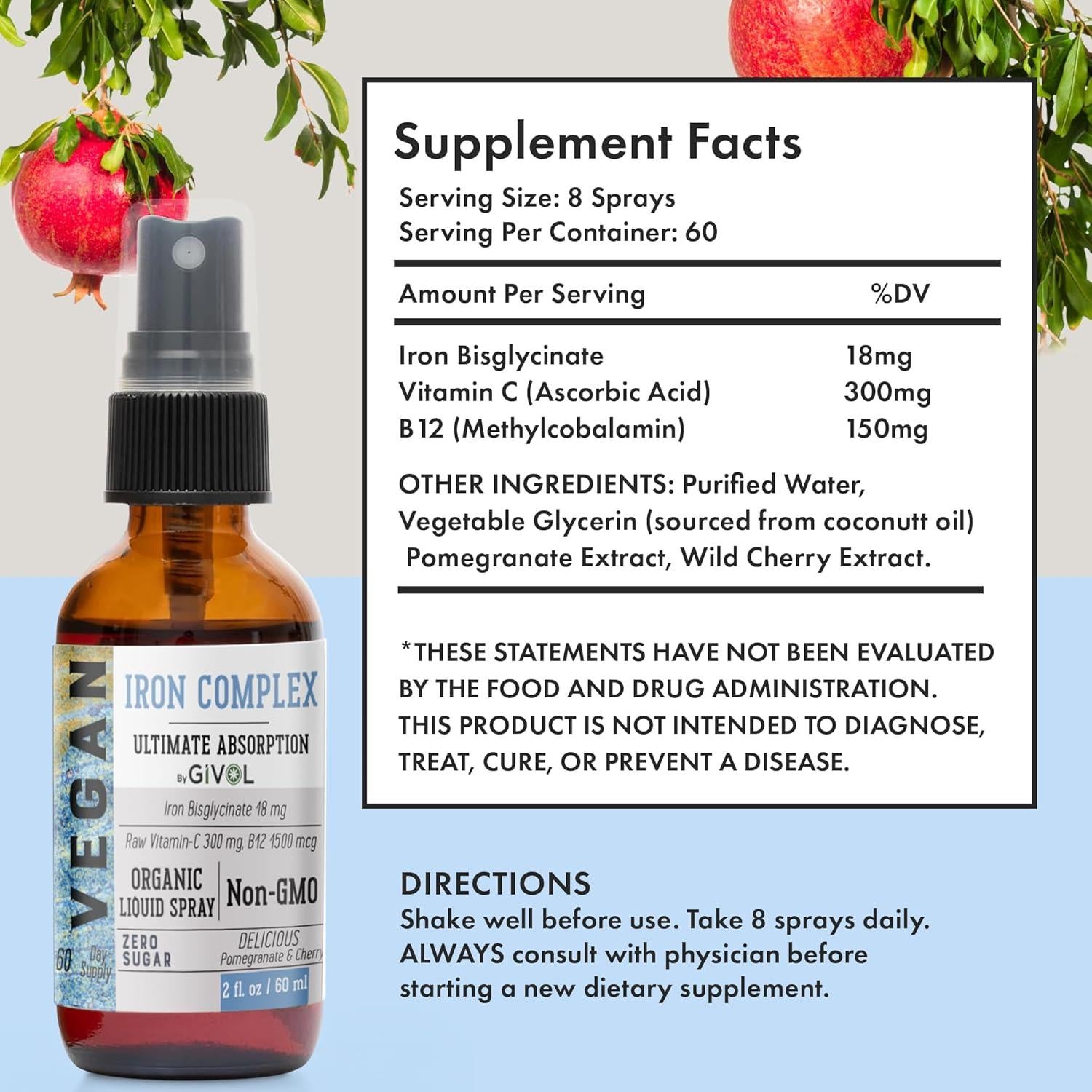 Suplemento de Hierro GIVOL 18mg con Vitamina C y B12 - Spray Vegano 60ml