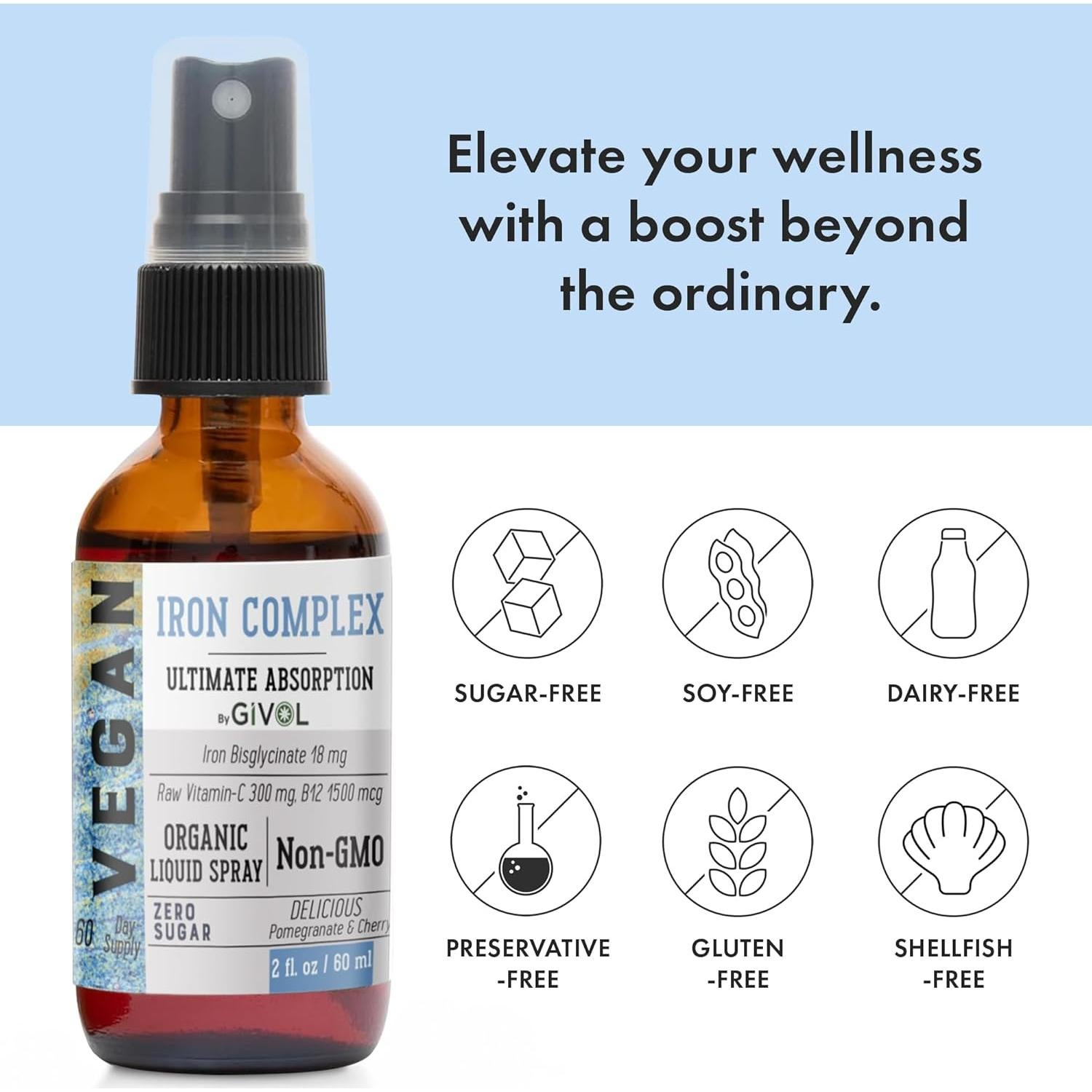 Suplemento de Hierro GIVOL 18mg con Vitamina C y B12 - Spray Vegano 60ml