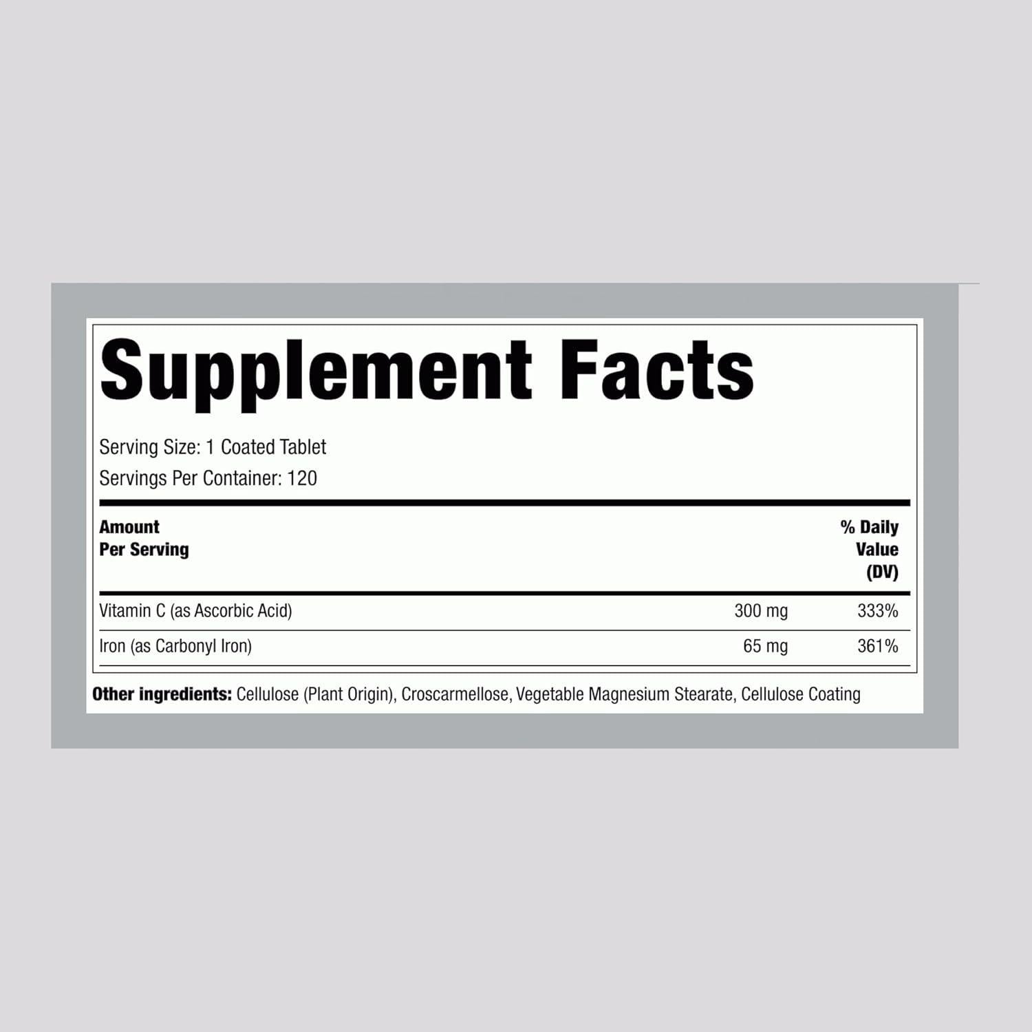Suplemento de Hierro Piping Rock 65 mg + Vitamina C 300 mg - 120 Tabletas