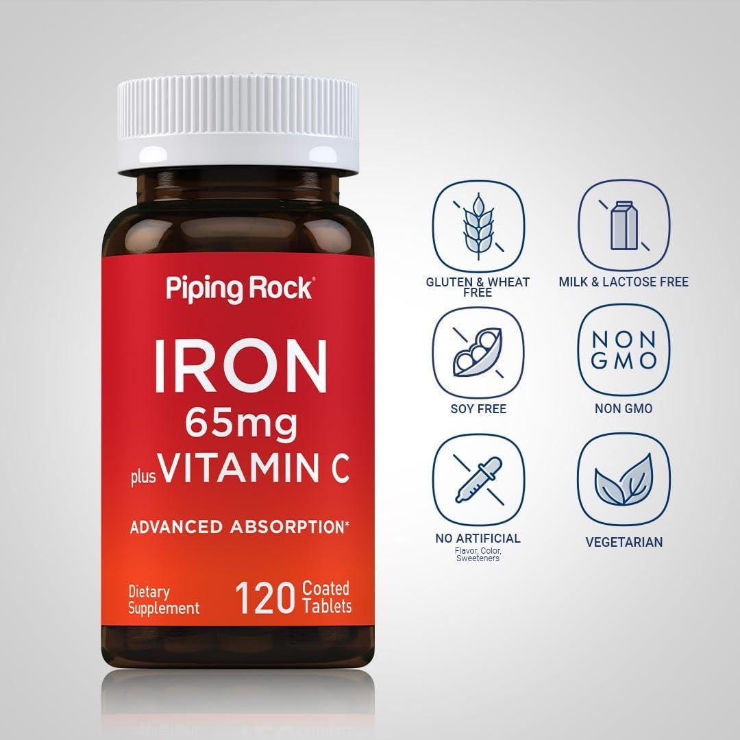 Suplemento de Hierro Piping Rock 65 mg + Vitamina C 300 mg - 120 Tabletas