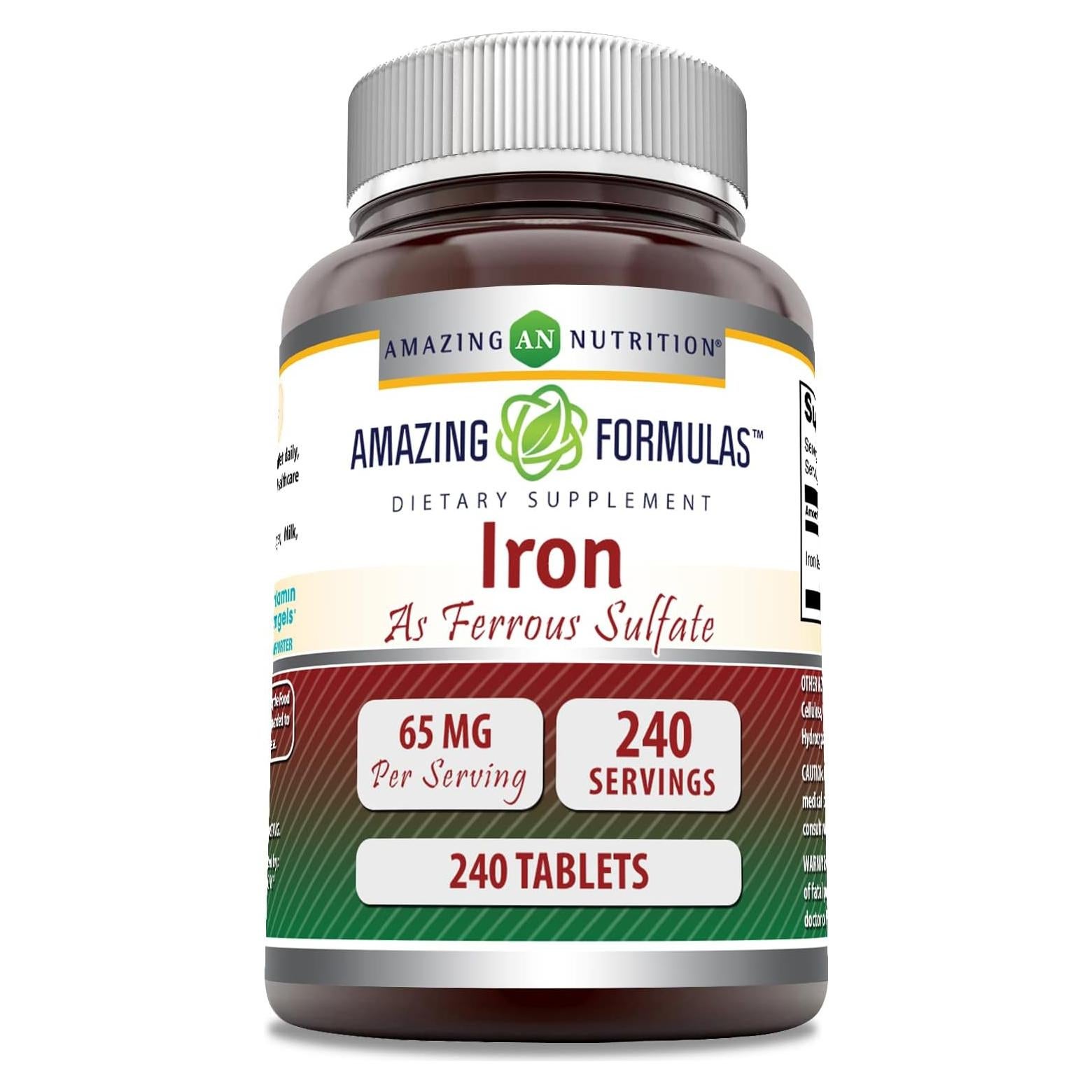 Suplemento de Hierro Sulfato Ferroso Amazing Nutrition 65 Mg 240 Tabletas
