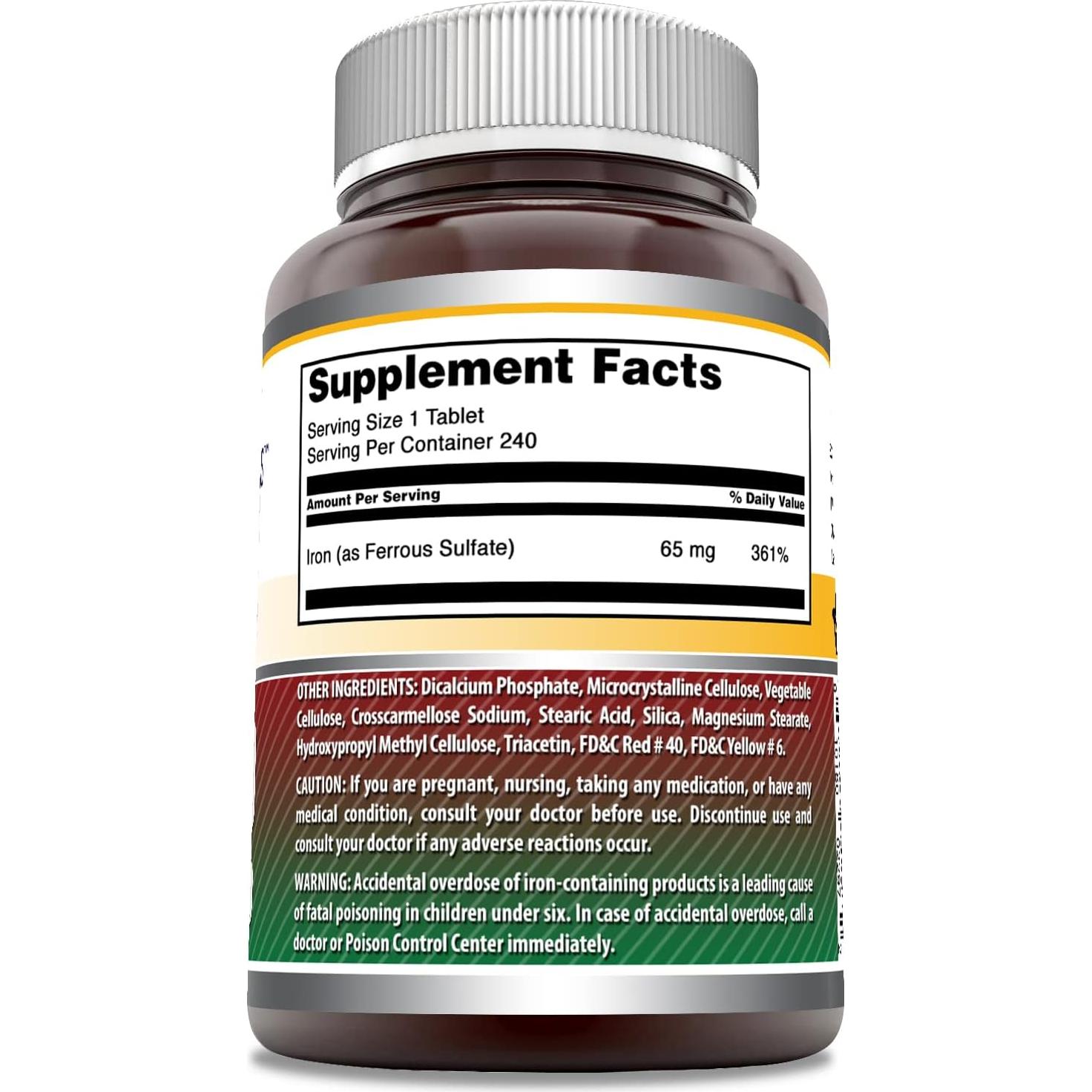 Suplemento de Hierro Sulfato Ferroso Amazing Nutrition 65 Mg 240 Tabletas