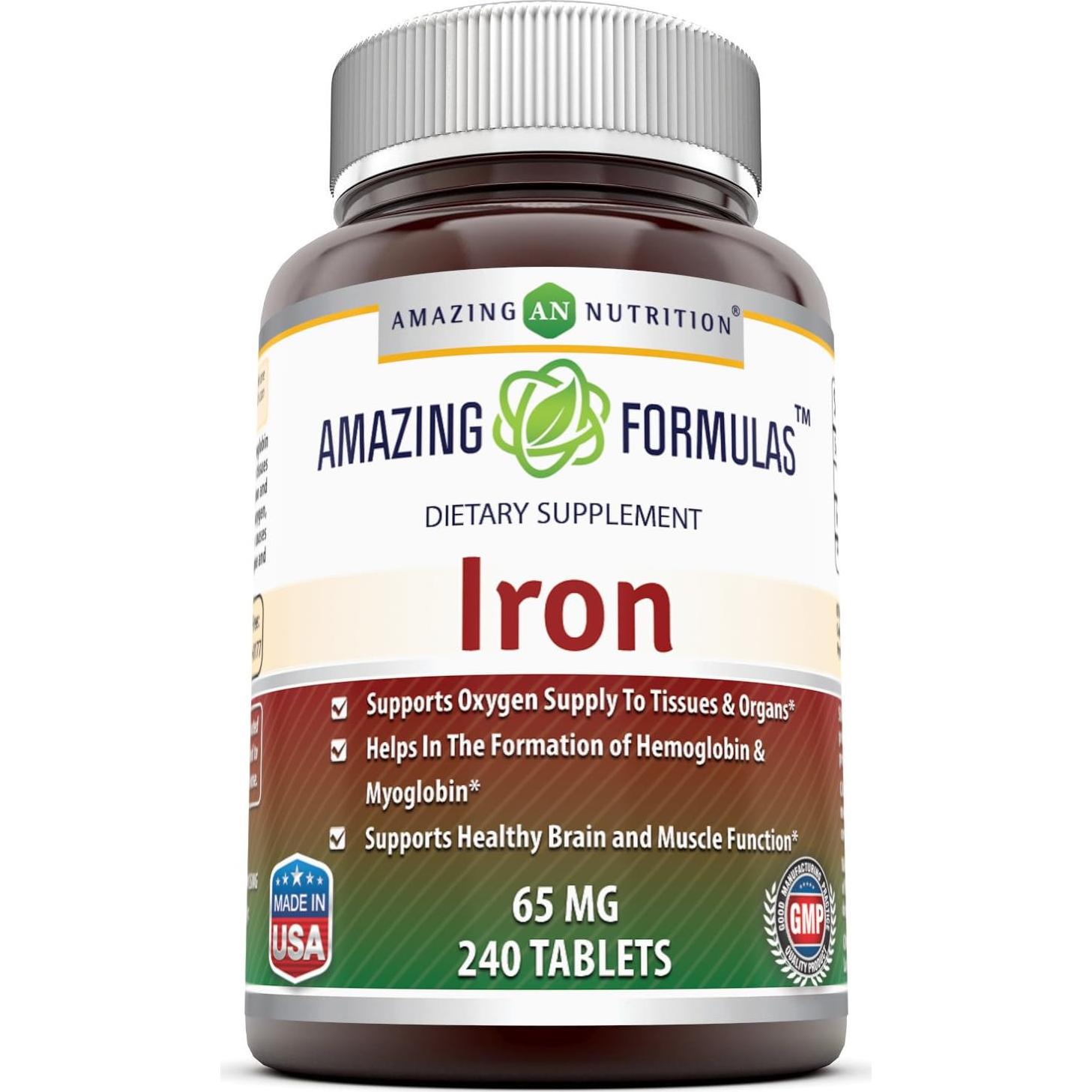 Suplemento de Hierro Sulfato Ferroso Amazing Nutrition 65 Mg 240 Tabletas