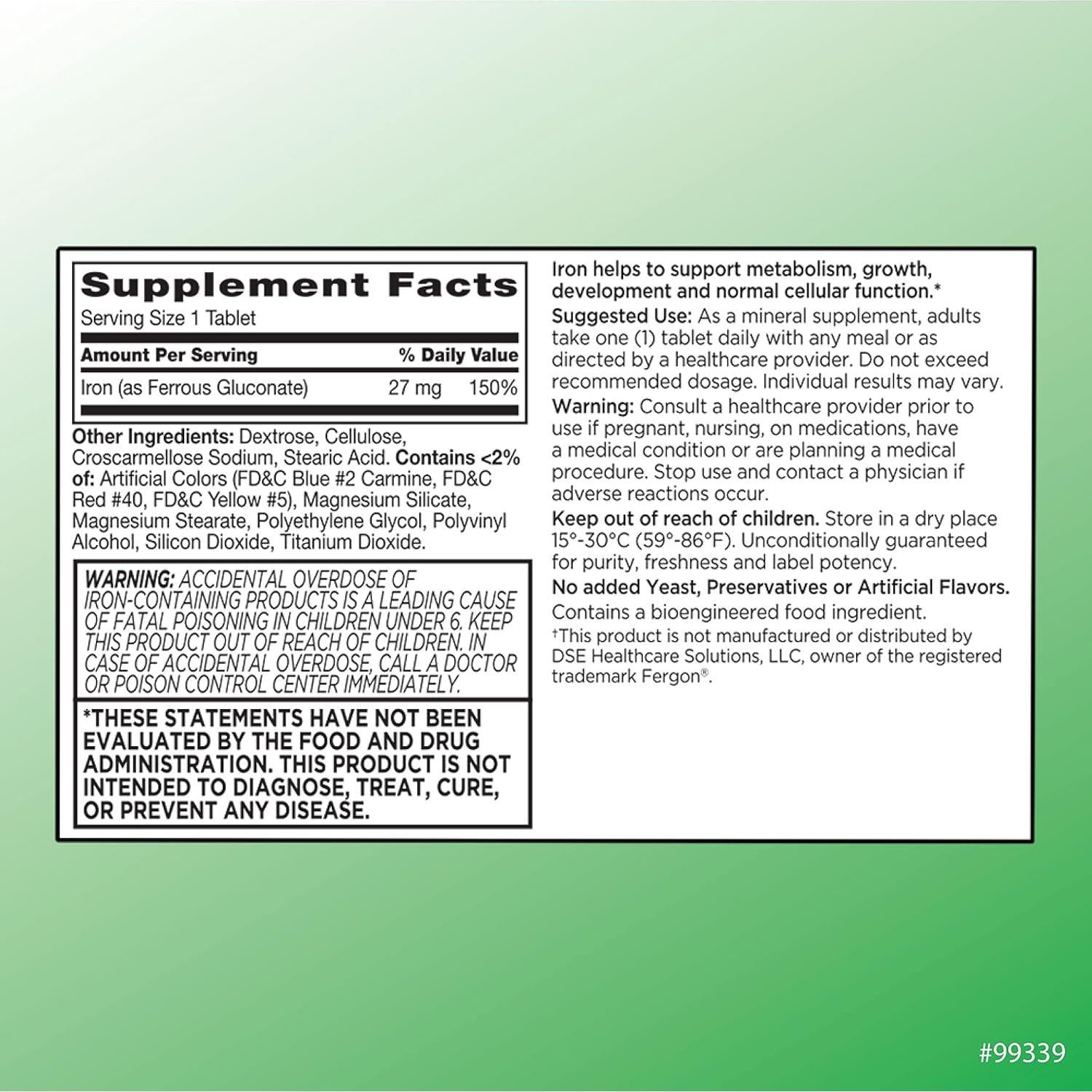Suplemento de Hierro Gluconato Ferroso 27 mg Elección de Calidad 100 Tabletas