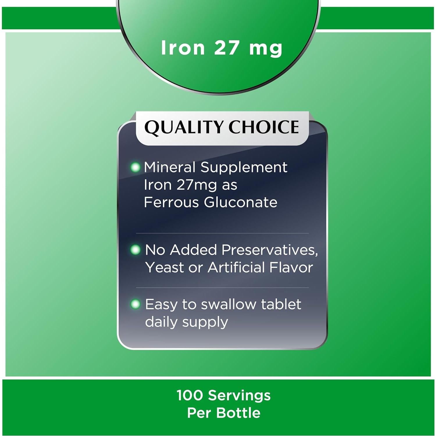 Suplemento de Hierro Gluconato Ferroso 27 mg Elección de Calidad 100 Tabletas