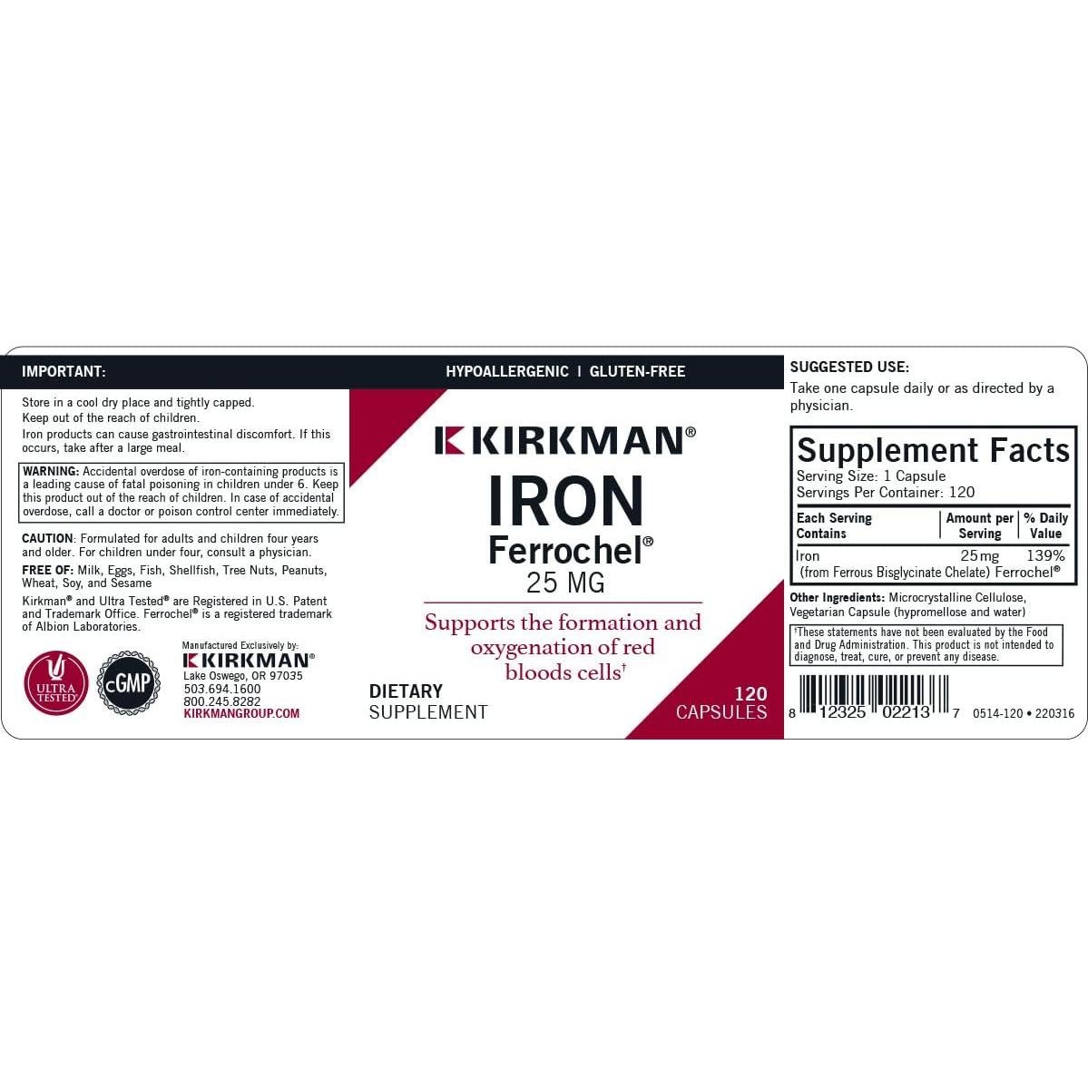 Cápsulas de Hierro 25 mg Kirkman - Hipoalergénico - 120 unidades