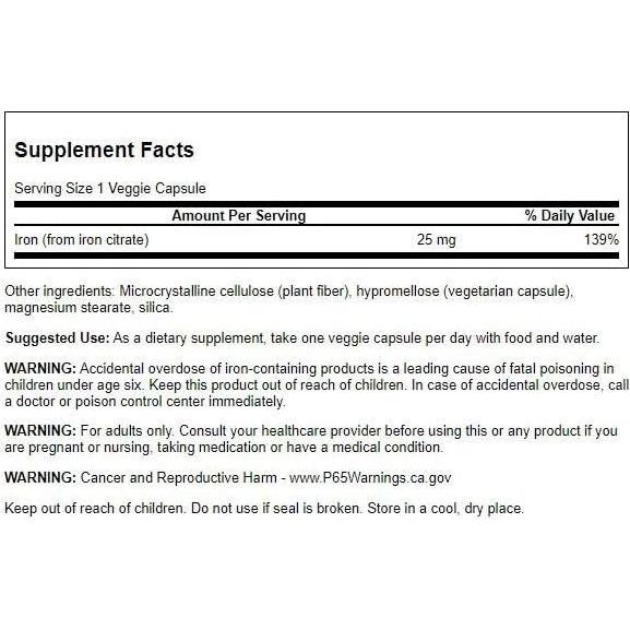 Citrato de Hierro Swanson 25 mg 60 Cápsulas Veganas