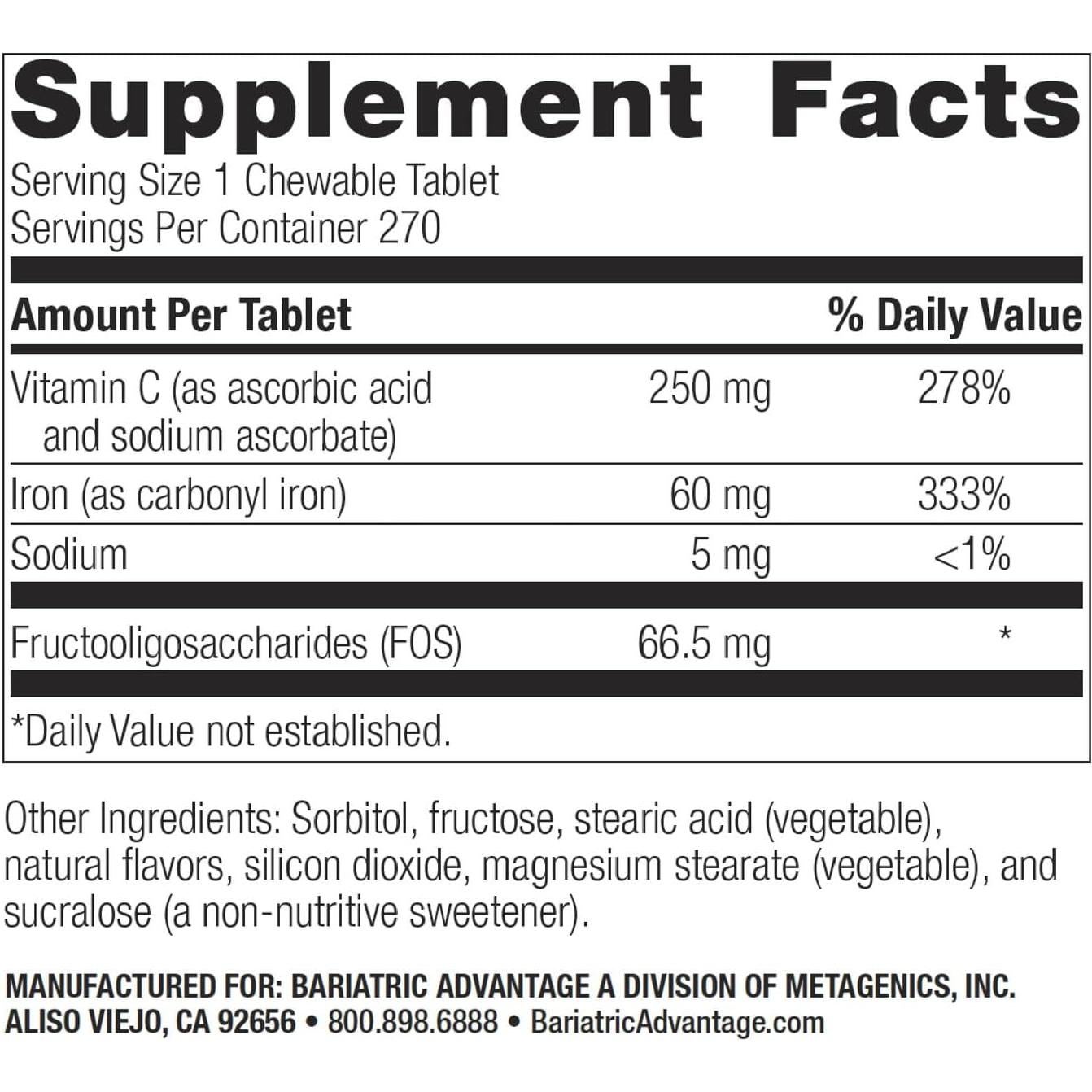 Suplemento de Hierro Masticable Ventaja Bariátrica 60 mg con Vitamina C - 270 Tabletas